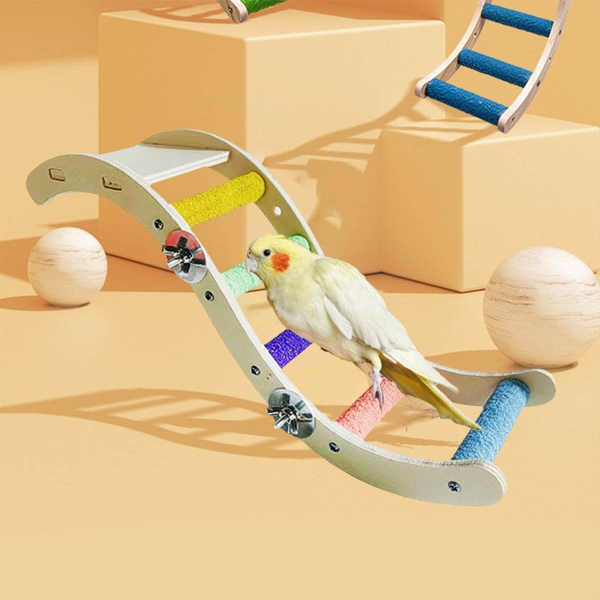 AIMALL Wooden Parrot Climbing Ladder Toy with Colourful Steps and Claw Grinding Surface, Bird Swing Stand Platform for Budgies Cockatiels Peony Birds, 7.2In & 12.5In Options
