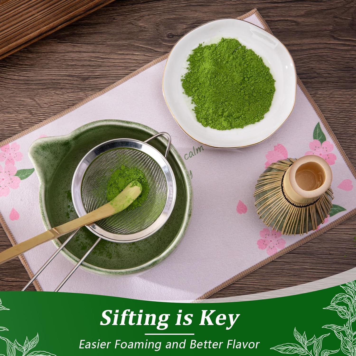 Matcha Whisk Set, 7 Pcs Ceramic Matcha Kit for Traditional Tea Ceremony, with Handmade Spout Bowl, Bamboo Scoop and Rest, Whisk, Chasen Holder, Sifter, Tea Towel, Unique Gifts for Matcha Lovers, Green image number 5