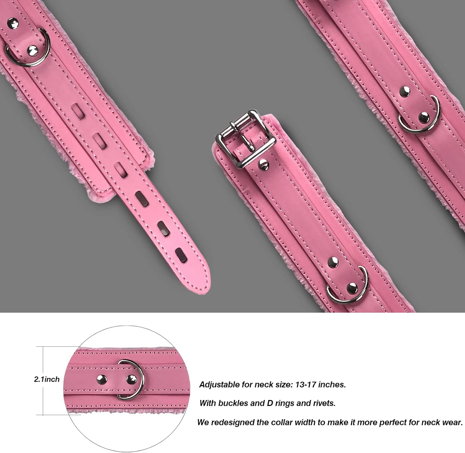 Gothic Leather Choker Collar, PU Leather Fur Lined Collars Necklace with Long and Durable Detachable Leash Chain Pet Collars, Pink image number 5