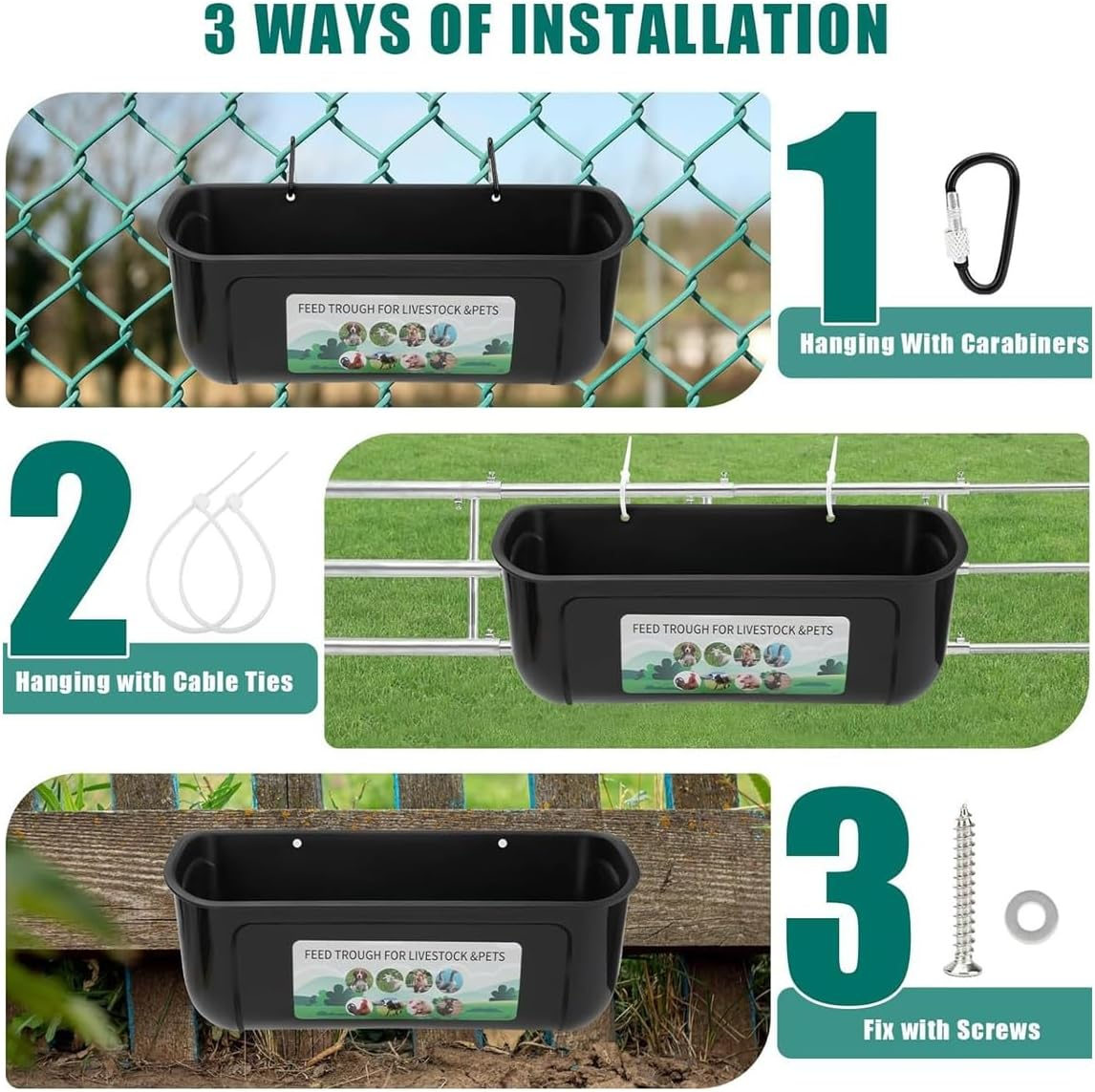 AIMALL Large Hanging Fence Feed Trough for Chicken Duck Goose Goat, Outdoor Livestock Feeder Tub with Carabiners, 11.7X4.9X5.1In - Green image number 7