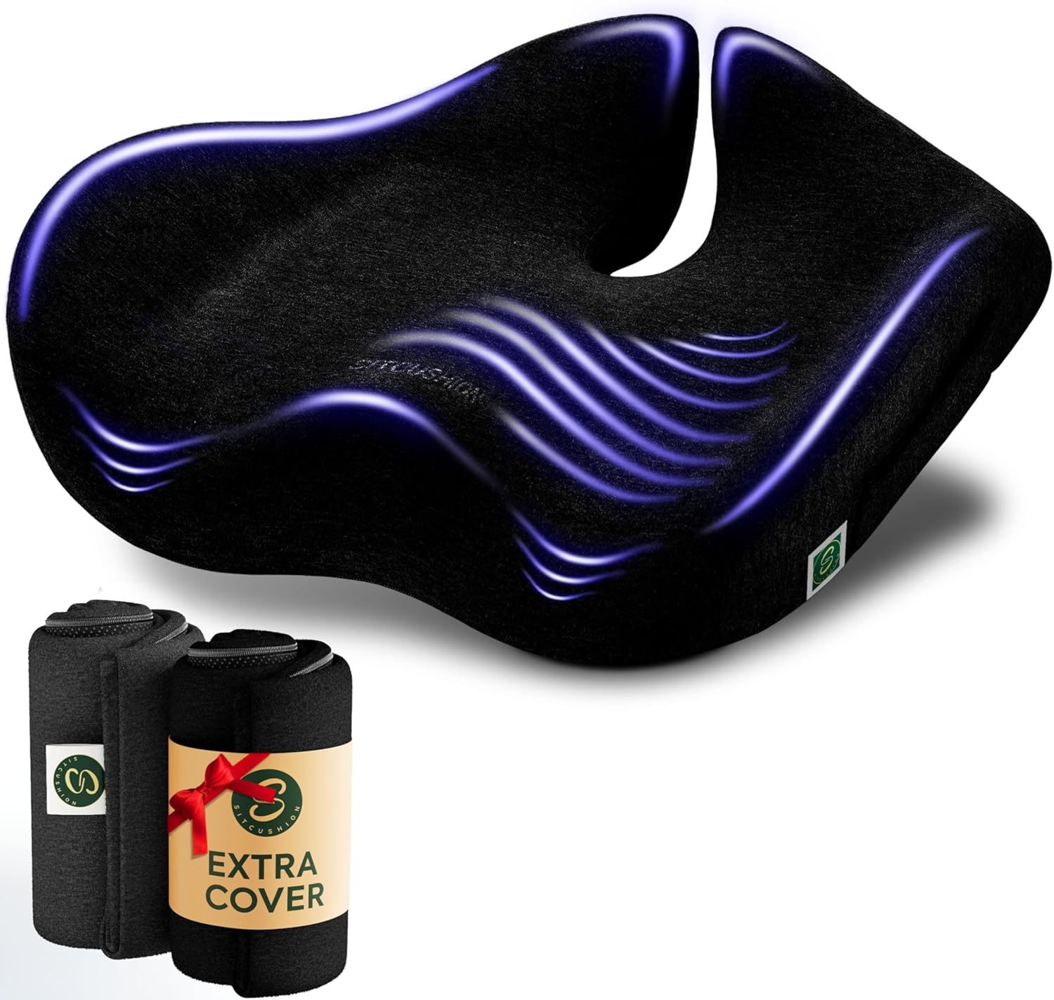 Pressure Relief Seat Cushion for Tailbone Pain &ndash; X Large Office Chair Cushion for Back Pain, Coccyx & Sciatica Pain Relief Pillow. Memory Foam Seat Cushions for Office Chairs. Extra Cover (Black)