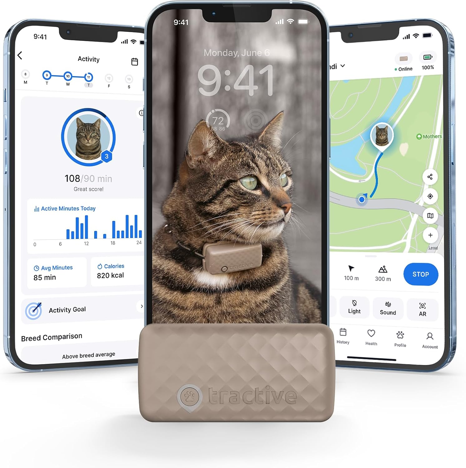 Tractive Smart Cat GPS Tracker | Real-Time Location & Wellness Monitoring for Cats 6.5 Lbs+ | Territory & Location History | up to 7-Day Battery | Breakaway Collar Included (Mint)