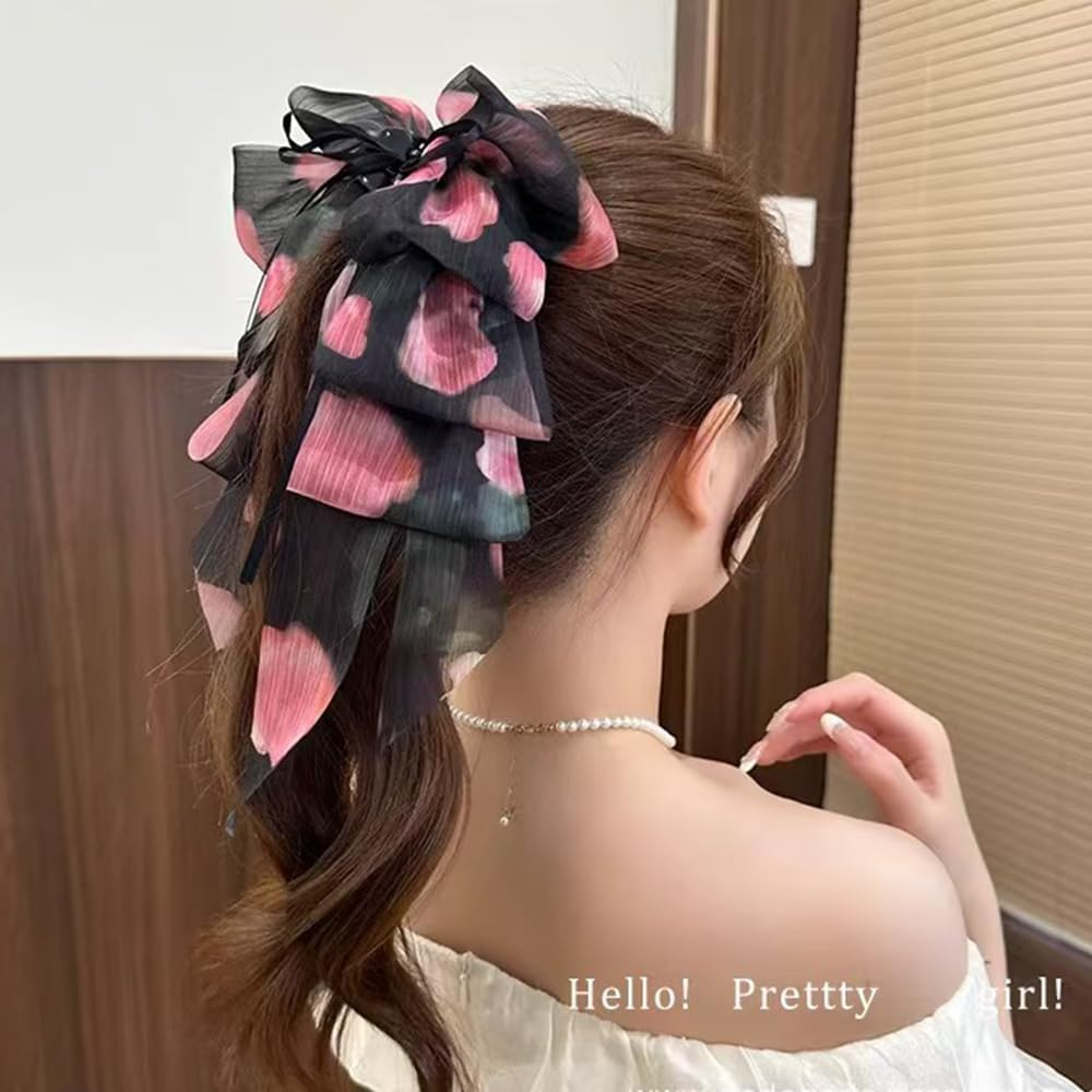 Large Bow Hair Clips with Long Ribbon Soft Broken Chiffon Ponytail Holder Shape for Women (Pack of 1)