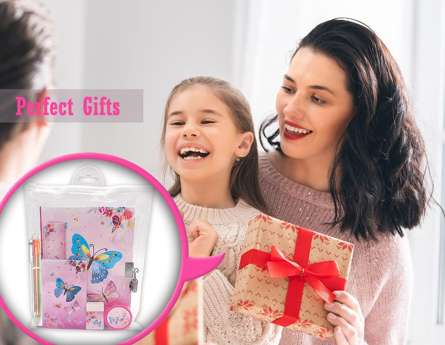 Set of Girls Diary with Lock, Butterfly Kids Journal Pen Set Includes 7.1X5.3 Inches Pink Girls Notebook Memo Pad Ruler 6 Multicolored Pen Sharpener Eraser Stationary Kit Gifts for Girls 6-10 Year image number 6