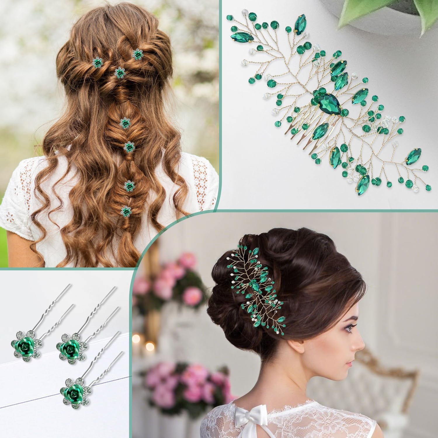 20 Pieces Rose Flower Hair Pins and 1 Piece Emerald Green Hair Comb Wedding Hair Accessories Bridal Hair Accessories for Women and Girls Prom Bridesmaid Party Gift image number 2