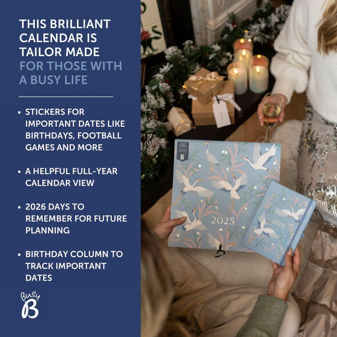 Busy B Large Family Wall Calendar 2025 &ndash; Blue Birds Design with 5 Columns & Storage Pockets - Monthly 2025 Calendar for Busy Families with Colour-Coded Stickers - 30.5 X 30.5Cm image number 1