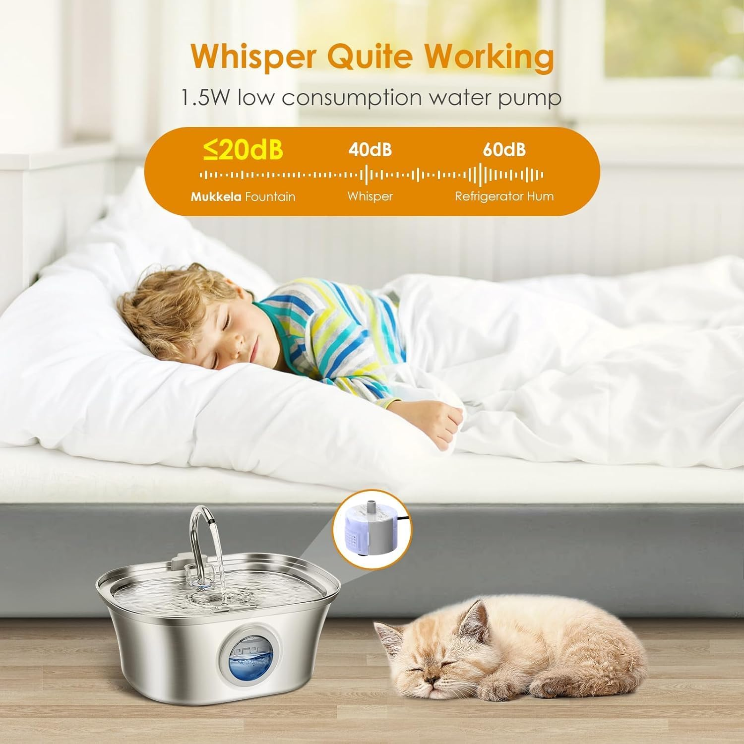 Cat Water Fountain, 3.2L Stainless Steel Pet Fountain with Water Level Window, Automatic Ultra Quiet Dog Water Dispenser, Dishwasher Safe Cat Fountain, Ideal for Cats and Dogs, AU Plug image number 6