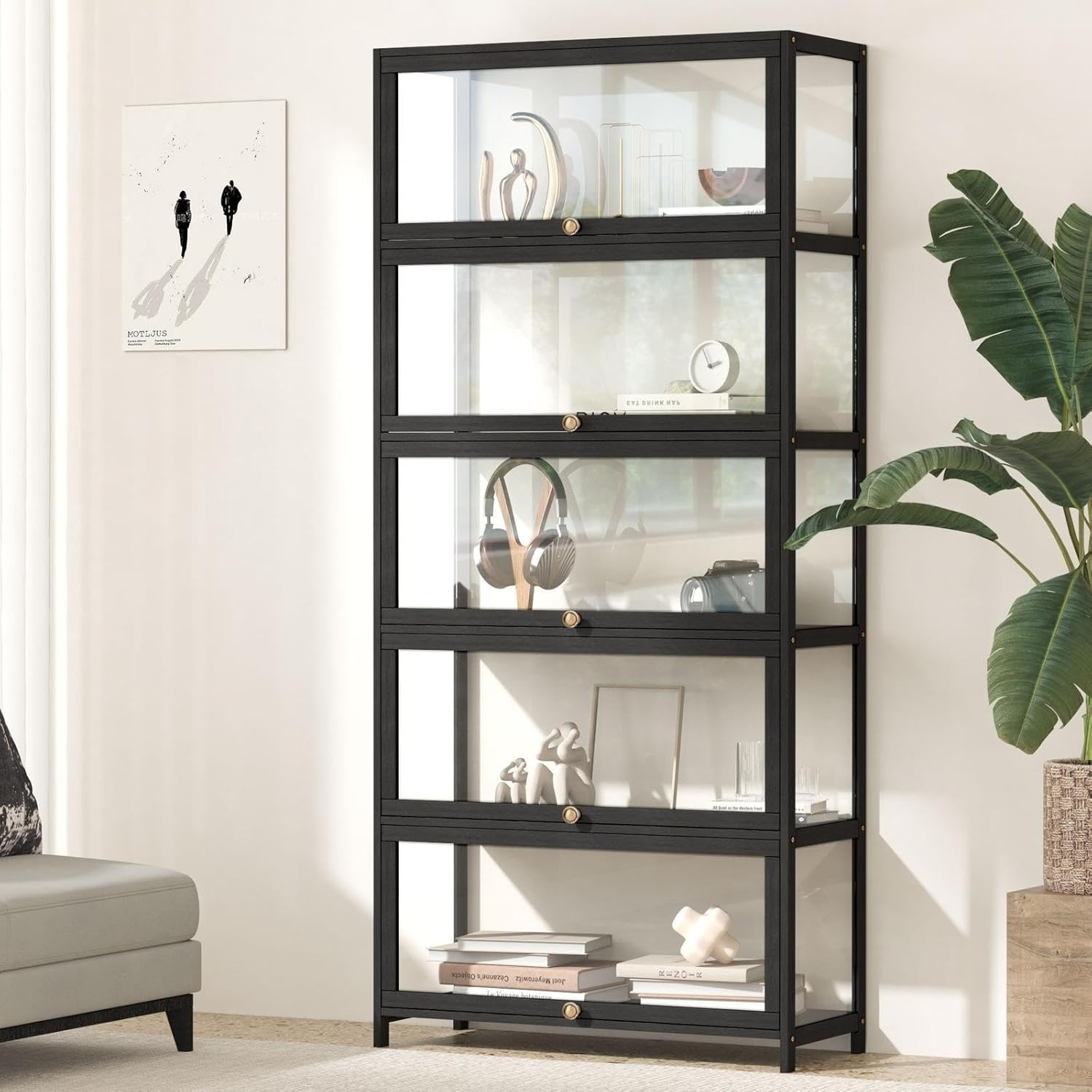 Oikiture Display Cabinet with 5-Tier Shelves Storage Cabinet Diplay Shelves Oak