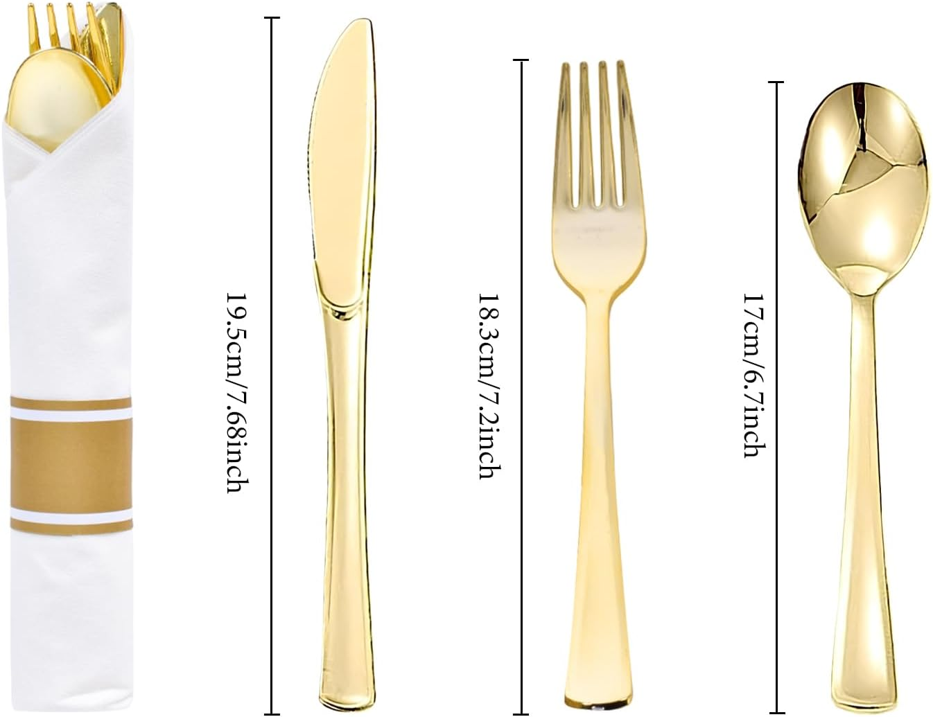 10 Pack Plastic Cutlery Set, Elegant Plastic Silverware Set, Reusable Flatware Set, Tableware Party Cutlery, Camping Cutlery Combo with Spoon Knife Fork Sets Wrapped in White Napkin (Gold)