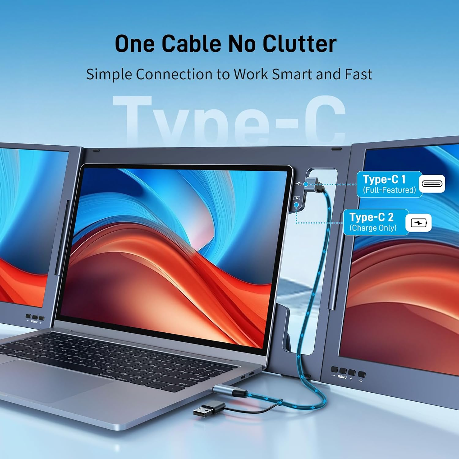 Laptop Screen Extender, 15.6'' Portable Triple Laptop Monitor Extender, Only One USB-C Connection, 1080P FHD, 360&deg; Rotation Compatible with Macos, Windows, Android, Fit 11-17'' Laptops image number 4