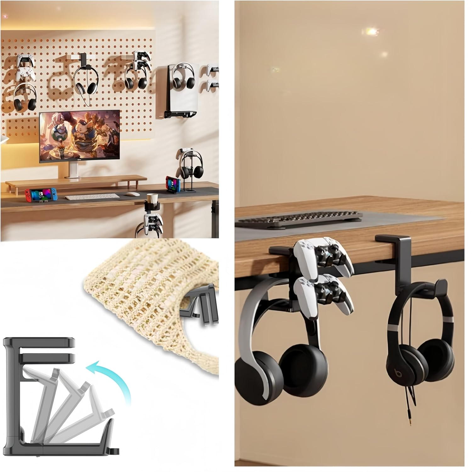 Ai-Oumleef PC Gaming Headset Hook Hanger Mount, Headphone Stand Holder under Desk, 360&deg; Rotating Arm Clamp, Built-In Cable Clip Organizer (Black)