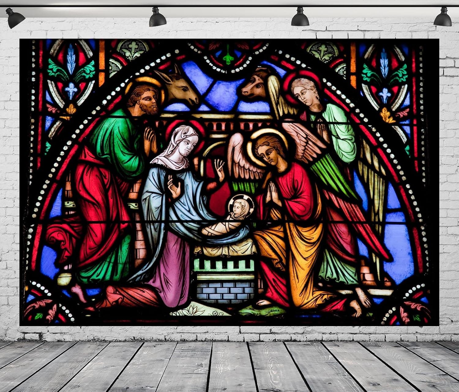 BELECO 8X6Ft Fabric Christmas Nativity Scene Backdrop Cathedral Stained Glass Window Religious Xmas Church Birth of Jesus Photography Background Holy Family Nativity Decor Photo Studio Props image number 5