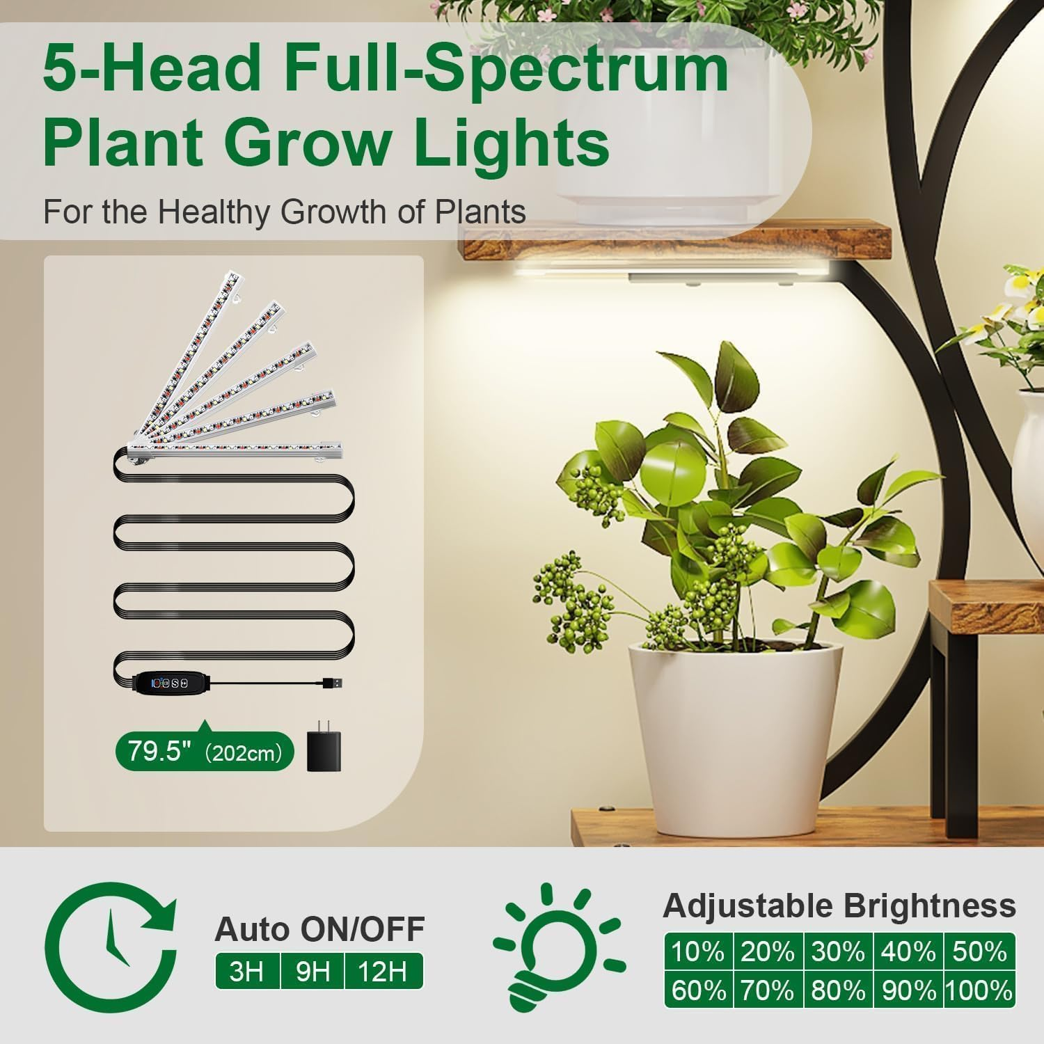 Indoor Plant Stand with 5 Grow Lights, 8-Tier Tall Metal Shelf, 158Cm Lighted Plant Rack for Multiple Plants, Flower Display Holder for Living Room, Balcony, Patio, Garden image number 4