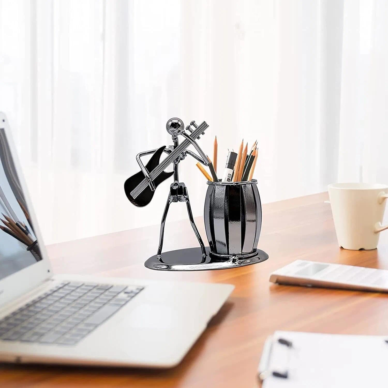 CRFY Metal Art Pen Pencil Holder, Creative Guitar Player Pen Cup, Office Desktop Ornaments Music Decoration Gift image number 5