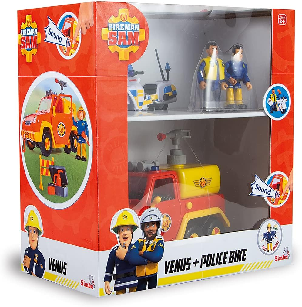 Simba - Fireman Sam - Pick-Up Venus & Police Motorcycle, 2 Figures, Water and Sound Function, Batteries Included, from 3 Years - 109251099038