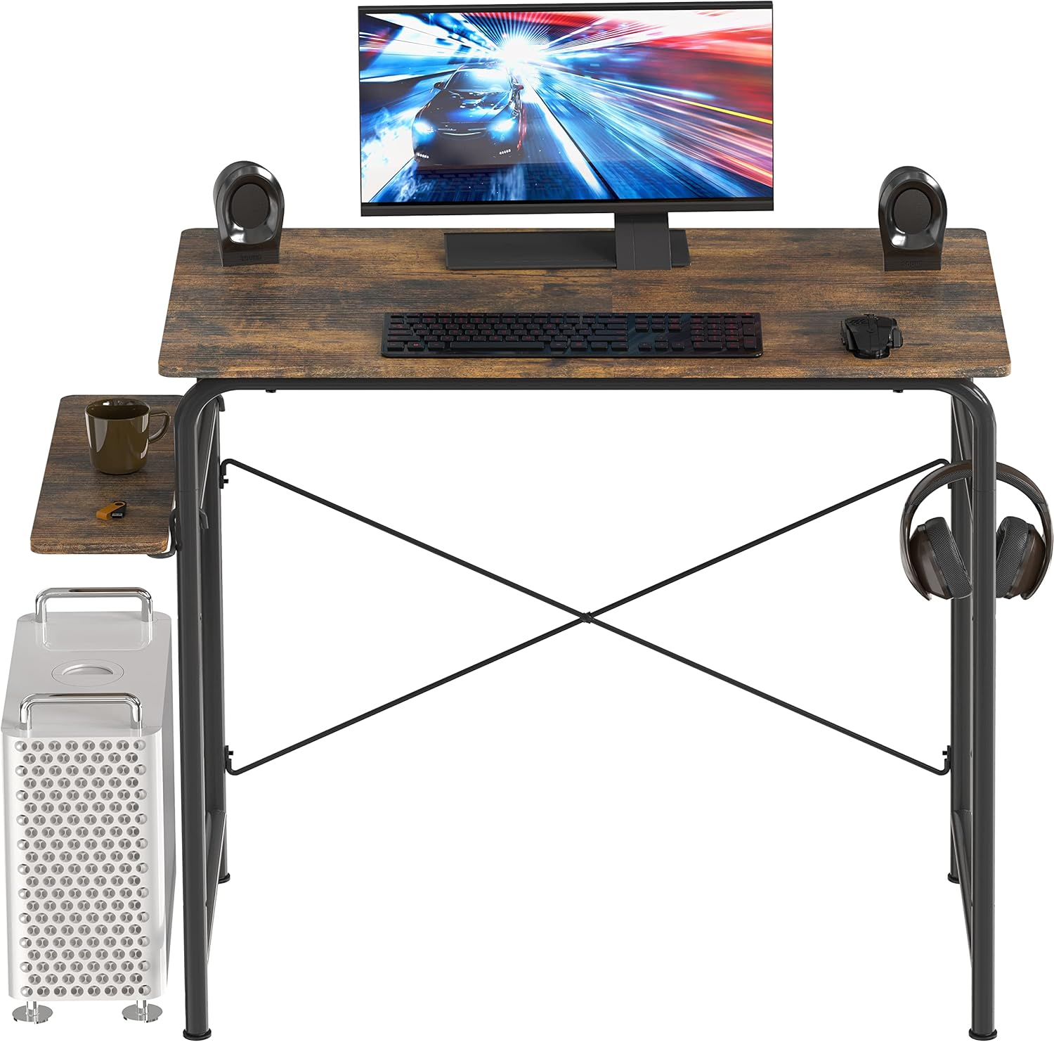 SHW 78Cm Gaming Computer Desk with Shelf, Rustic Brown