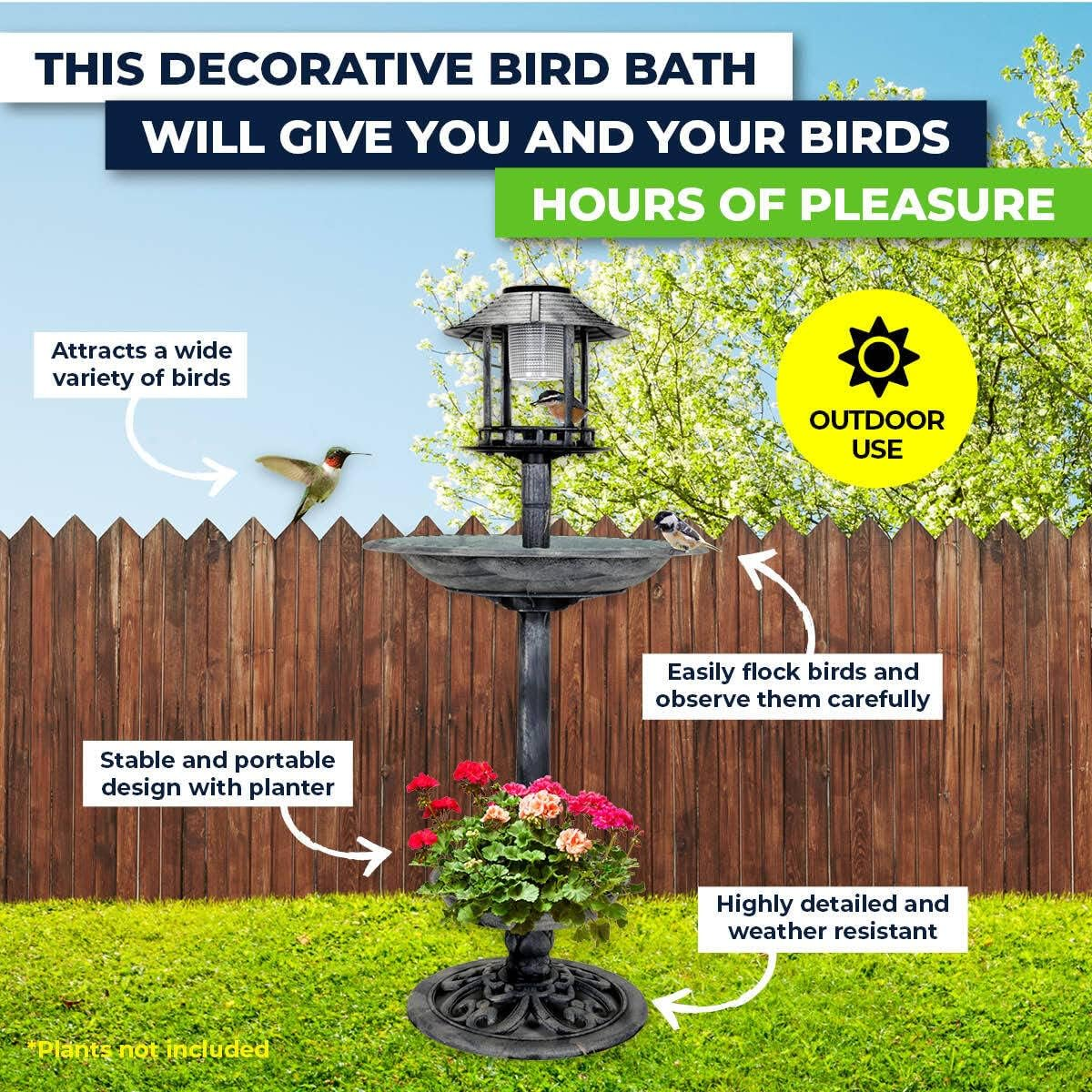 Garden Greens Solar Light Bird Bath with Feeder, 108 Cm X 50 Cm Size, Silver/Black image number 5