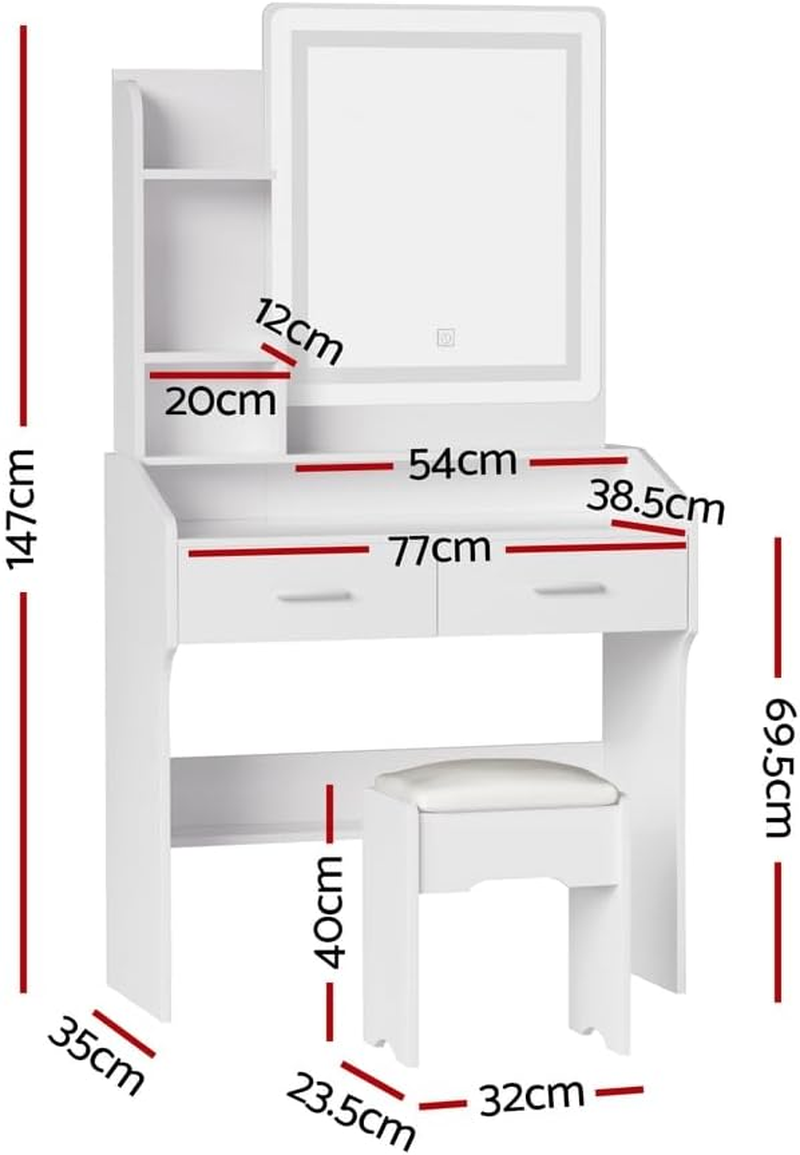 Artiss Dressing Table, LED Mirror Makeup Stool Set Wooden Vanity Desk Chair, Home Bedroom Furniture Girls Kids Women Organisers, Drawers Shelves Wide Tabletop White image number 2