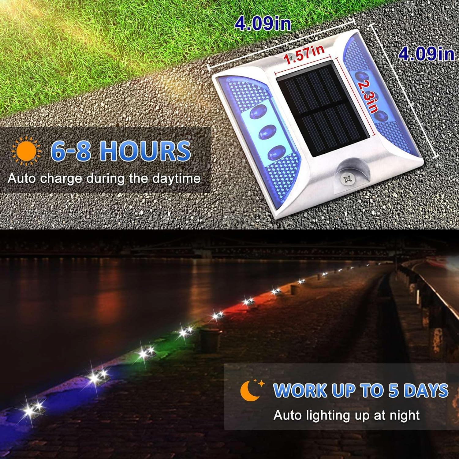 Aolyty Solar Driveway Dock Lights, IP68 Waterproof Deck Lights Outdoor, Warning Step Reflective Road Marker for Sidewalk Stair Garden Pathway Walkway (Green, 2 Pack) image number 5