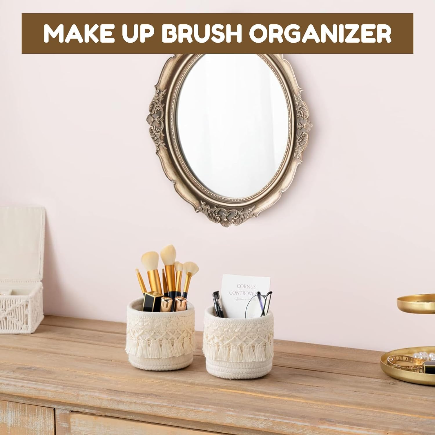 Macrame Makeup Brush Holder Organizer &ndash; Set of 2 Boho Decor Baskets for Pen, Pencil, and Makeup Brushes Storage, Ivory image number 1