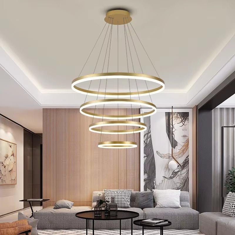 BAMDECOR Modern LED Chandelier, Dimmable Pendant Light with Remote Control Rings round Ceiling Lighting Fixture 3 Color Temperatures Contemporary Chandeliers (4 Rings-Gold) image number 2