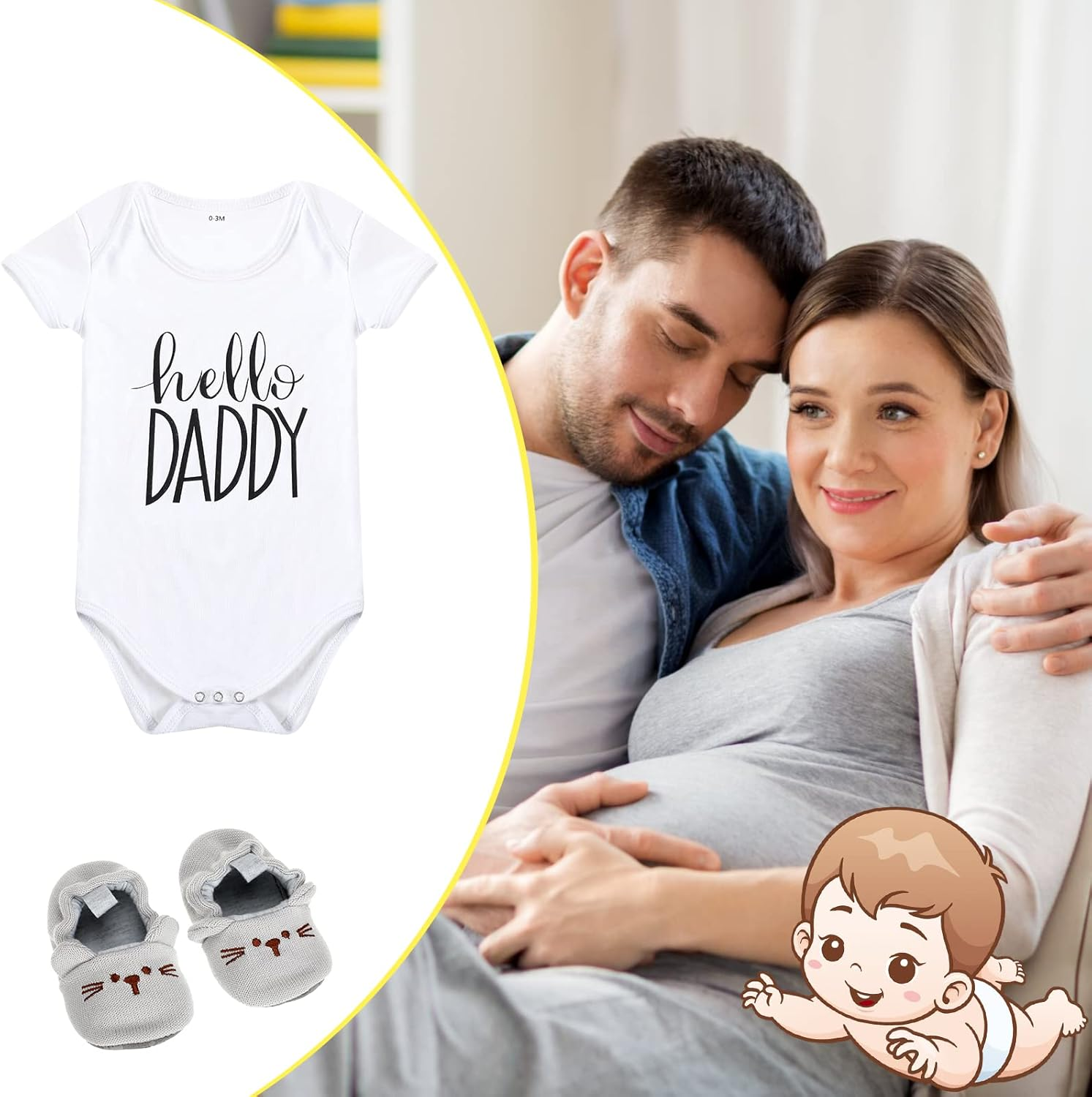 Jiuguva Surprise Pregnancy Announcements for Dad Test Keepsake Box Wooden Baby Announcement Hello Daddy Bodysuit Shoes Reveal Card Envelope Gift Sets Husband Partner image number 6