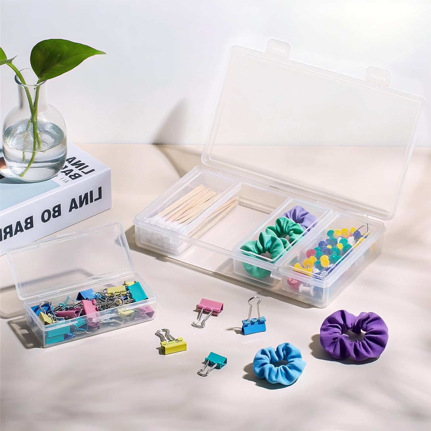 Reignsword Cotton Swab Holder for Travel, 4 in 1 Travel Floss Picks Case with Dustproof Lid, Clear Plastic Reusable Cotton Pad Holder Storage Box for Cotton Swabs Hair Ties Floss image number 5