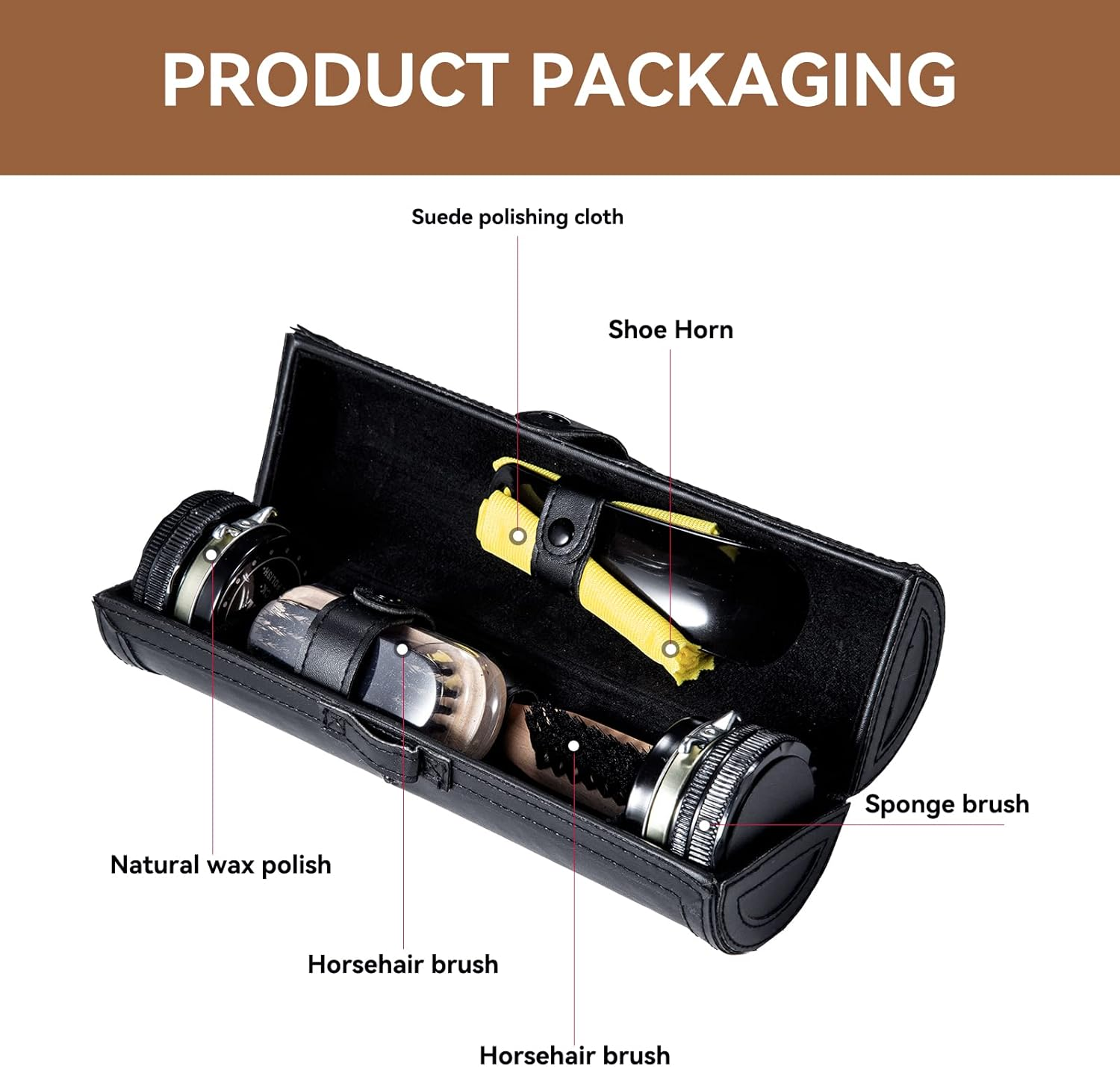 YUET Shoe Polish Kit Cleaning Shine Care Barrel Set for Brown Black Leather with Brush Travel Case Luxury Premium Soft Horsehair Bristle Dauber, Wooden Applicator, Shoehorn, Cloth 9 Piece Black Pouch image number 1