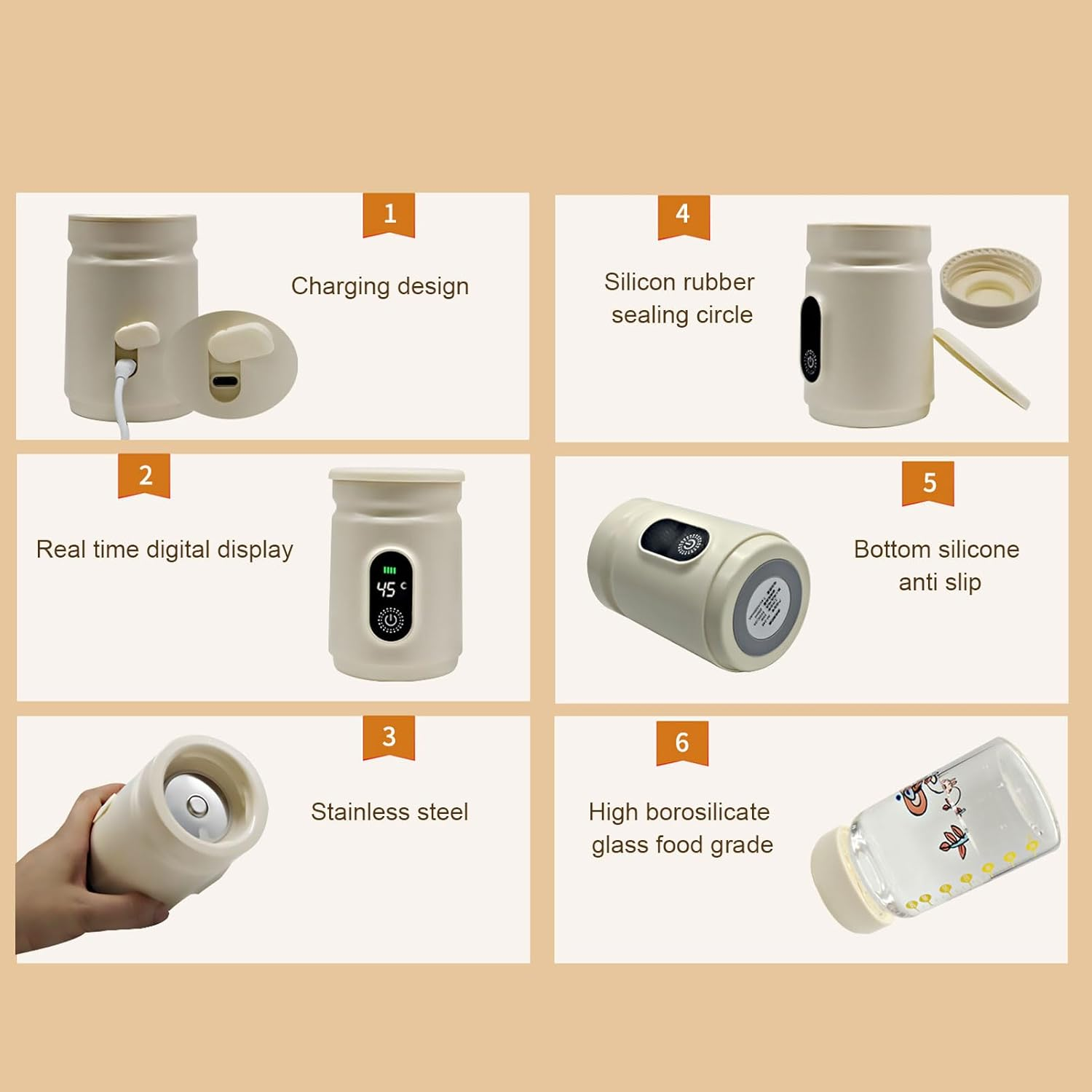 Cordless Rechargeable Milk Warmer with Digital Temperature Level Heating - 200Ml Baby Bottle Warmer for Breast Milk Portable Travel Use image number 2