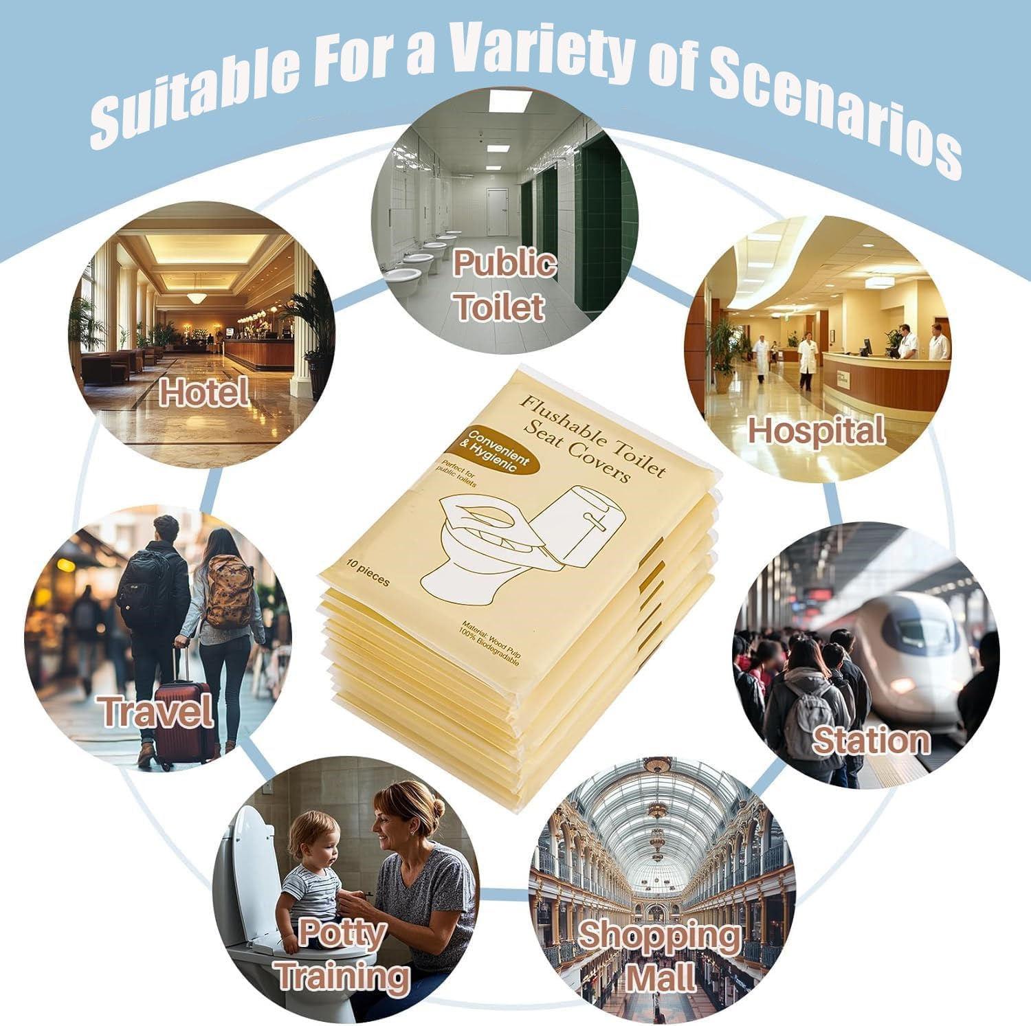 120 Pcs Disposable Toilet Seat Covers,Flushable Paper Toilet Seat Cover with Individually Wrapped,Portable Disposable Travel Toilet Seat Covers for Travel,Public Restrooms,Airplane,Camping,Road Trips image number 6