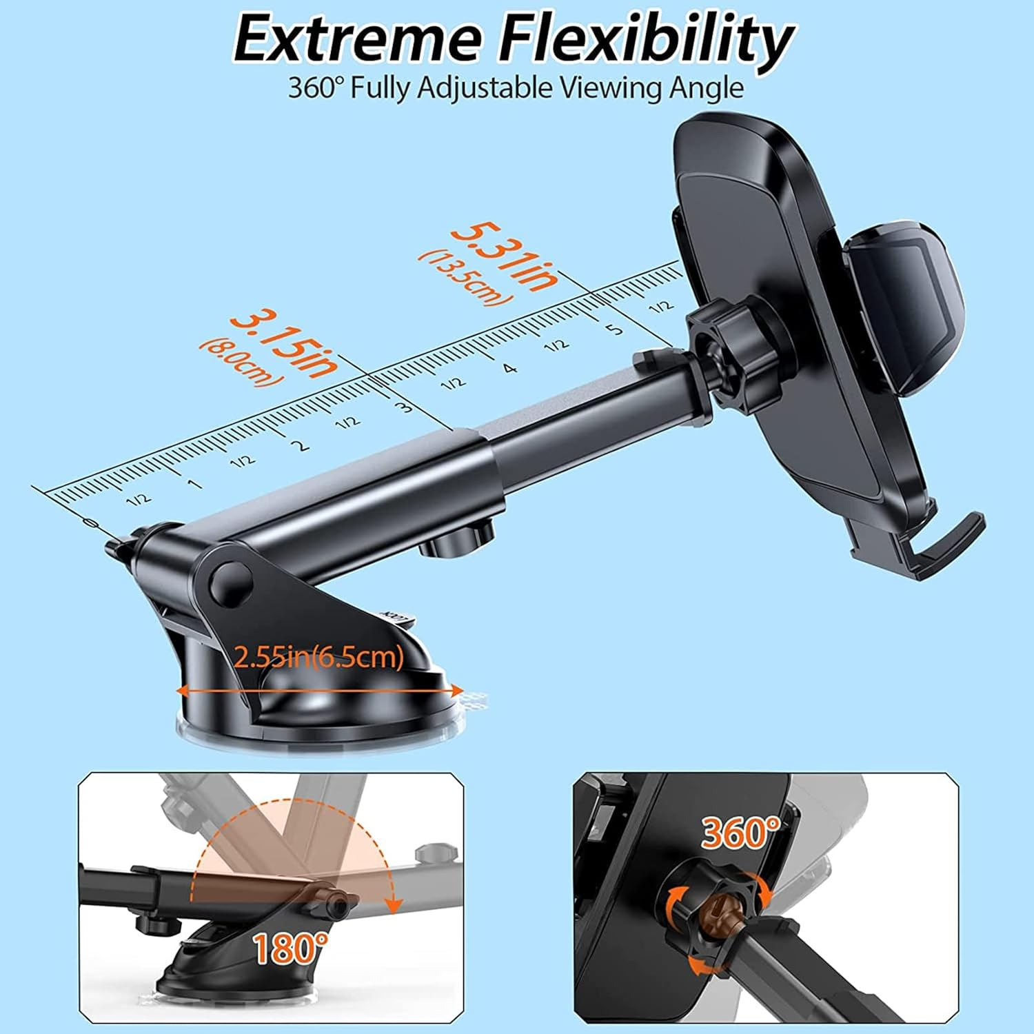 Hocerlu Mobile Phone Holder Car - Ultra Stable Car Mobile Phone Holder Suction Cup for Dashboard and Windscreen, All-Round Silicone Shockproof, 360&deg; Rotatable, One Button Release, for 3.8-6.7 Inch Smartphones