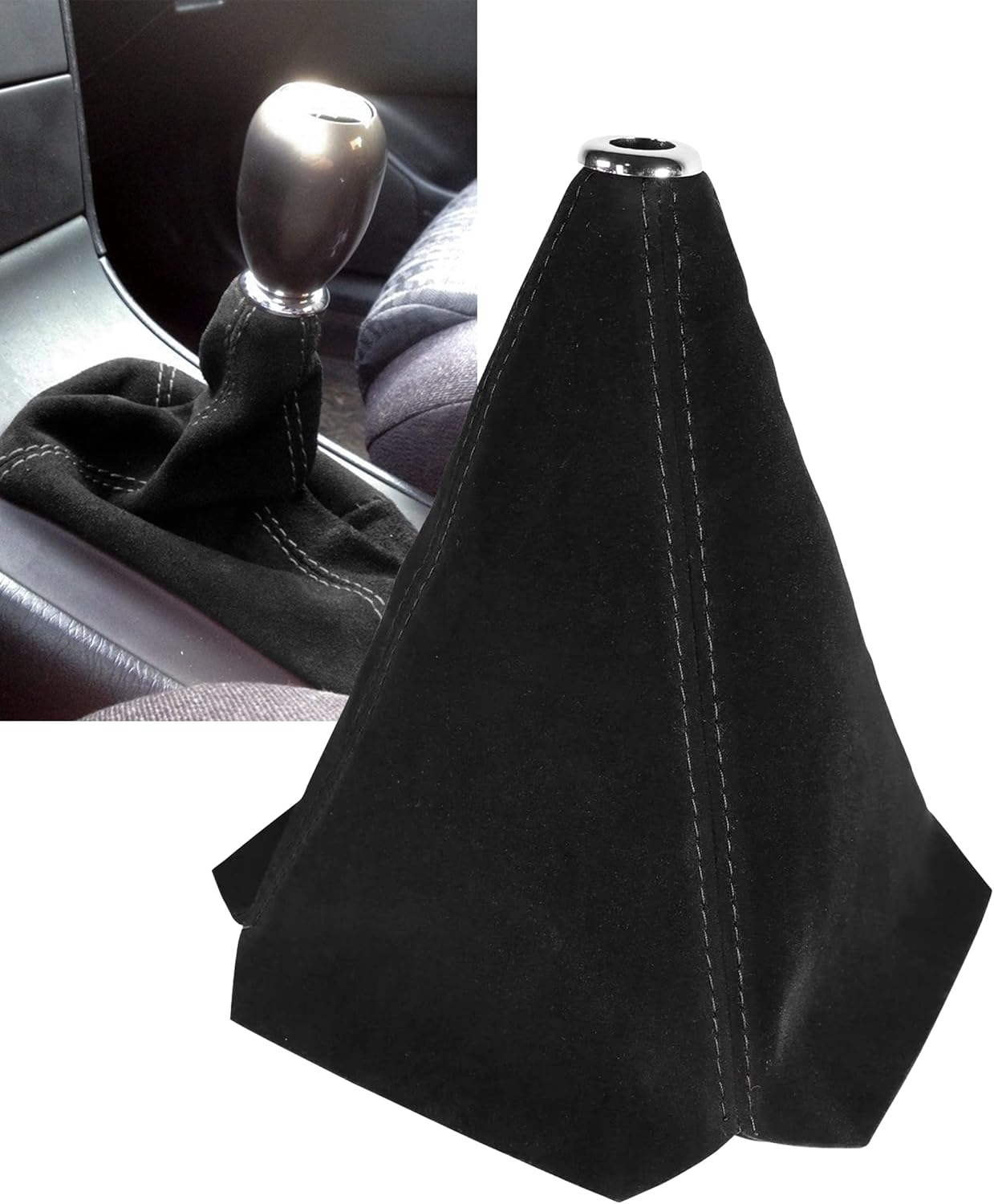 YAKEFLY Universal Car Shift Boots Shift Knob Dust Cover MT Gear Shift Cover,Pu Leather Shifter Boot Retainer Stick Shift Sleeve Gear Shifter Boot Gear Gaiter Cover (Black Suede/Stitching)
