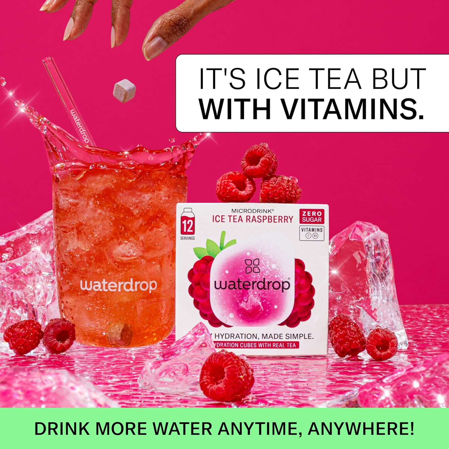 Waterdrop&reg; Microdrink Ice Tea Set - 36 Drops Cubes, Zero Sugar Powder - 3 Fruity Varieties: PEACH, LEMON, RASPBERRY - with Green and Black Tea Extracts - Valuable Vitamins