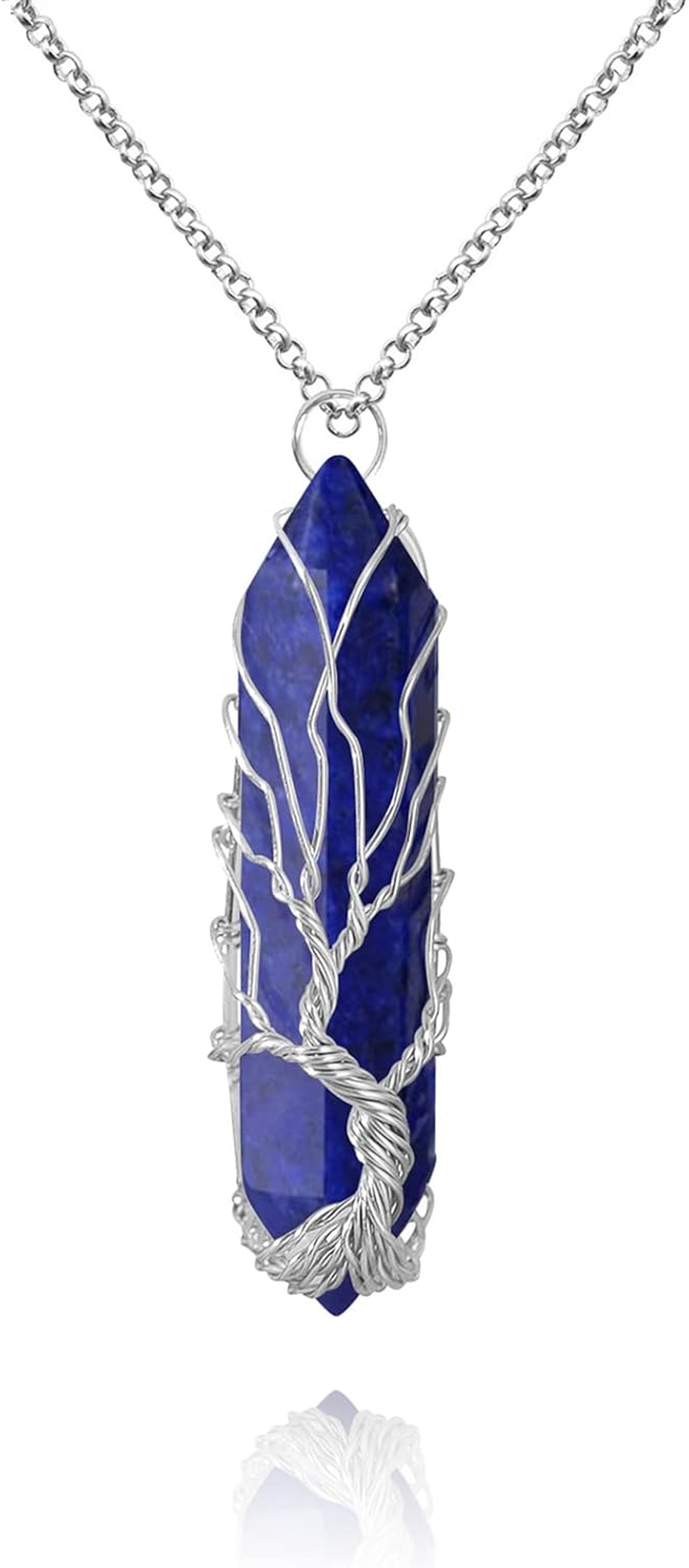 VIBILIA Healing Crystal Necklace Tree of Life Wire Wrapped Natural Stone Point Pendant Necklace Hexagonal Reiki Spiritual Quartz Gemstone Jewelry for Women Men