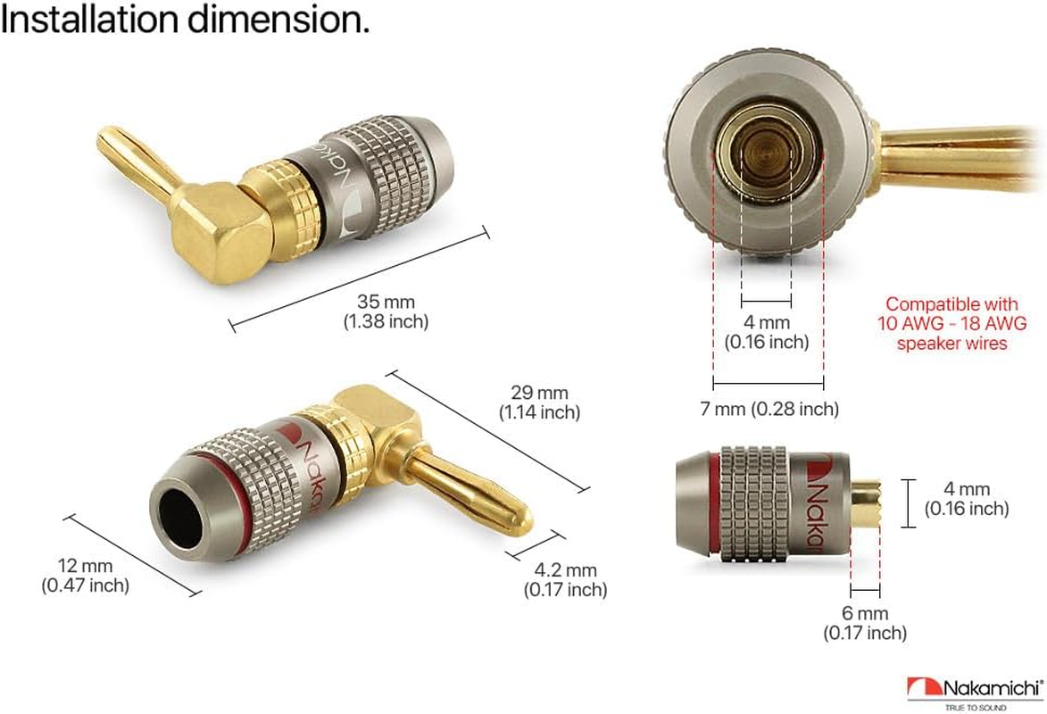 Nakamichi Fanlock Excel Series 24K Gold Plated Right-Angle 90 Degree Banana Plugs 10 AWG - 18 AWG Gauge Size 4Mm for Speakers Amplifier Hi-Fi Home Theatre Wire Cable Quick Connector, 12 Pcs (6-Pairs) image number 4