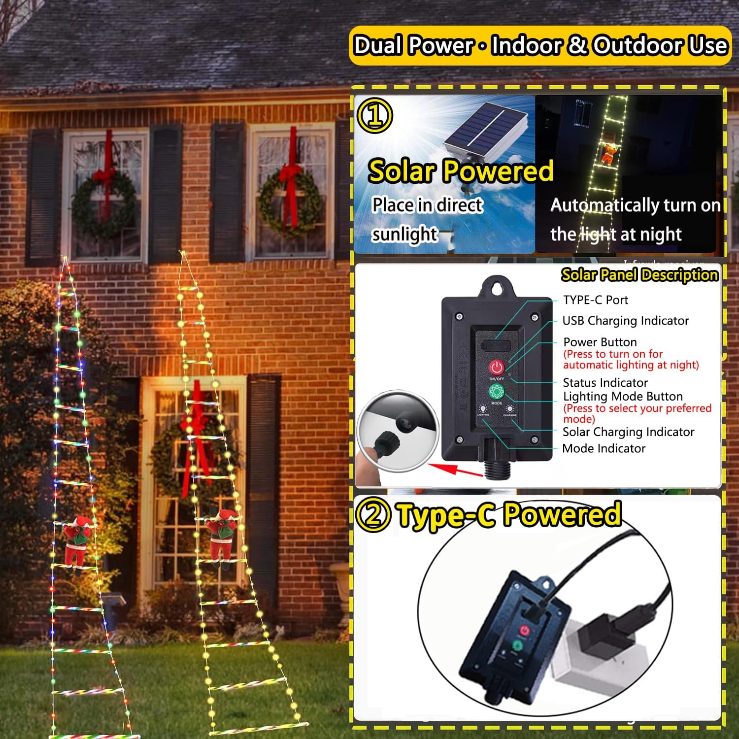Christmas Decorations Outdoor，Led Christmas Lights 3M USB Solar Christmas Decor Ladder Lights with Santa Claus, Christmas Decorations Lights for Indoor Outdoor, Window, Garden, Wall (Colorful) image number 2