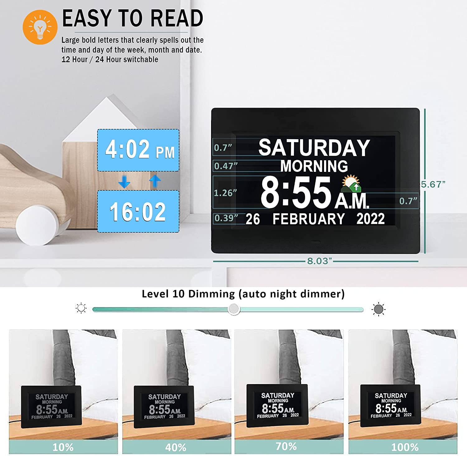 Newest, 19 Alarms Digital Talking Clock with Loud Voice Time Date, Auto DST, 20 Custom Reminders, 10-Level Dimmer, Sleep Trainer, Speaking Day Date Calendar Clock for Seniors Dementia- with Remote - White image number 4