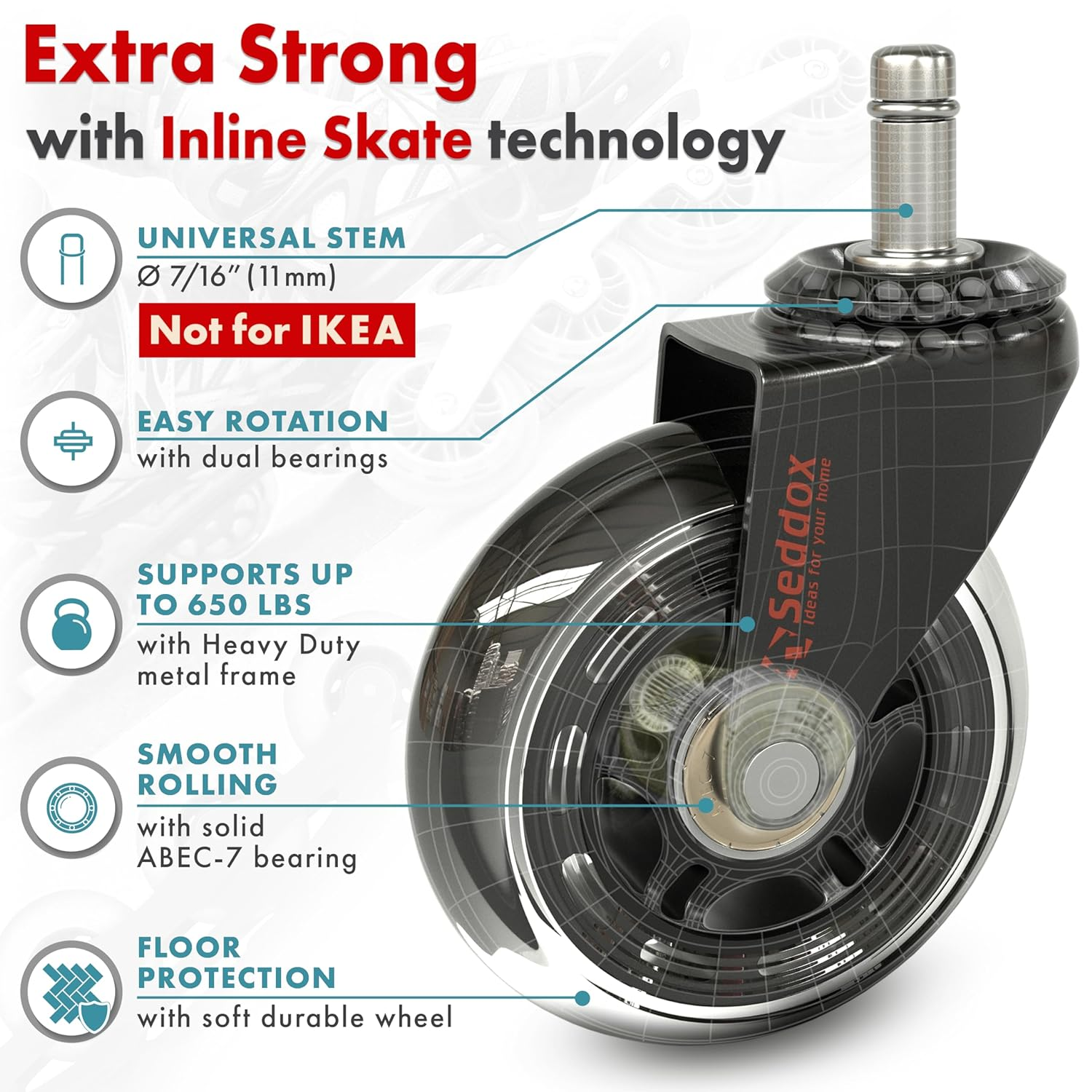 Professional Office Chair Caster Wheels Gift Set of 5 - Protect All Your Floors - 3'' Heavy Duty Replacement Rubber Desk Chair Casters - Best Protection for Your Hardwood Floors