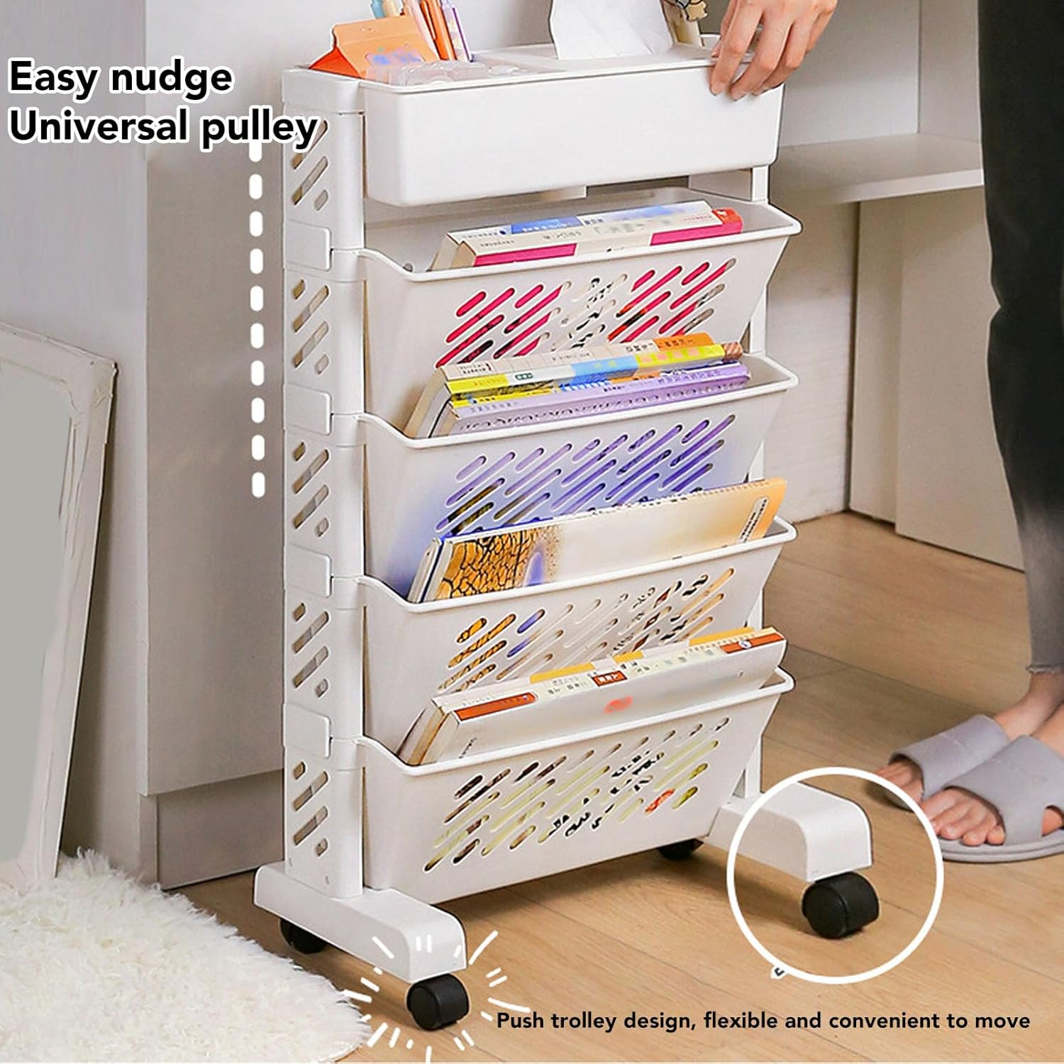 Rolling Plastic Organizer Shelf for Study with Removable and Rotating Bookcase with Multi-Level Capacity for Books, Magazines and Homework (5 Layer) image number 6