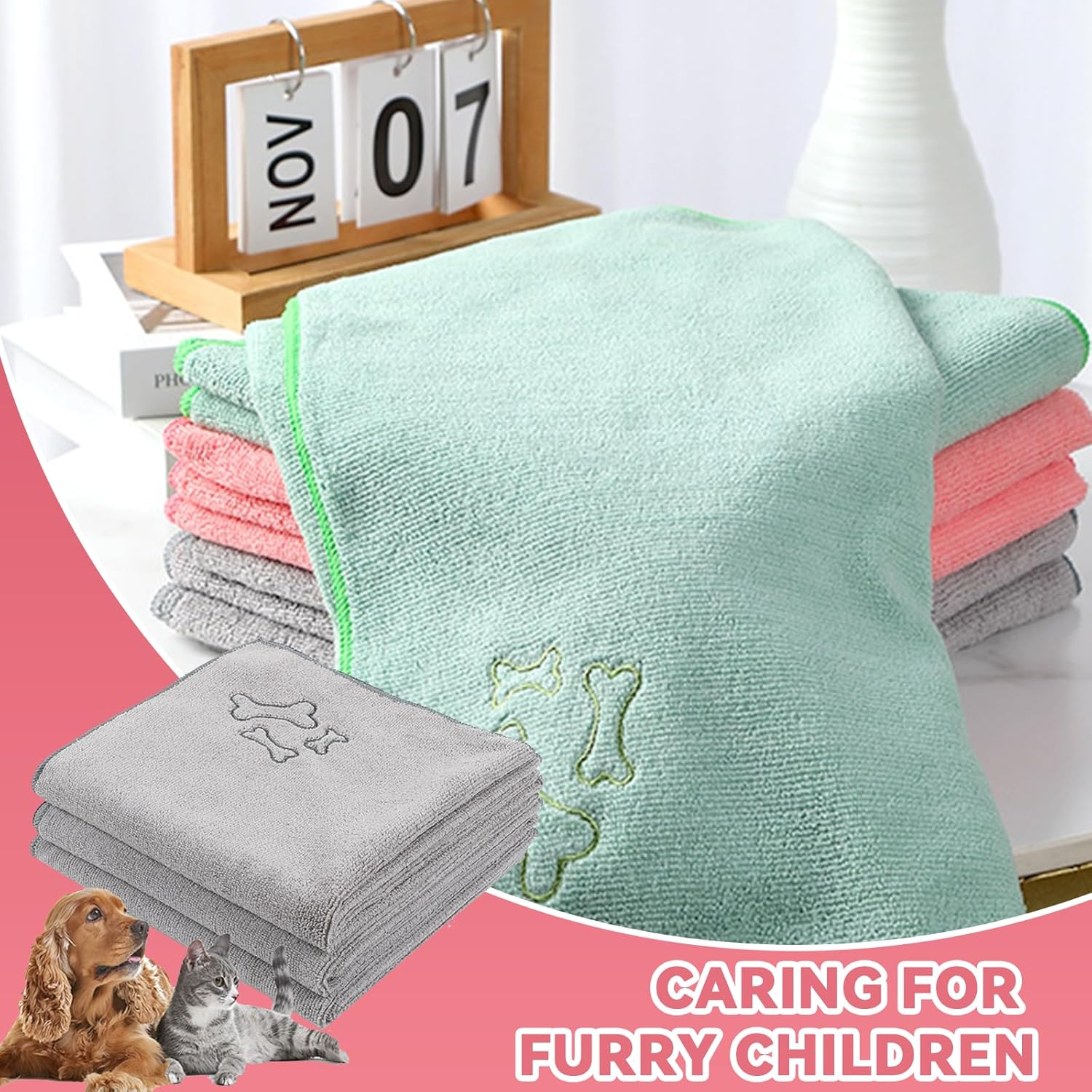 Quick Dry Dog Bath Towel Set of 3 Soft Absorbent Microfiber Pet Towels for Cats and Dogs Pink Grey Green Gentle Drying for Home and Outdoor Use image number 1