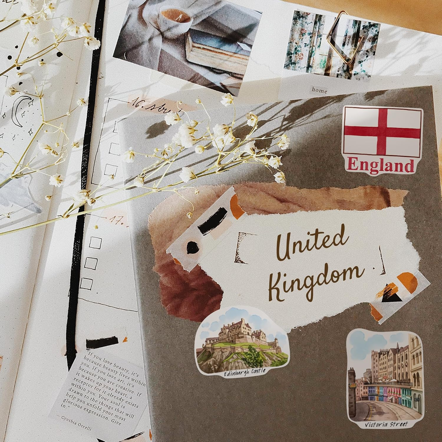 Navy Peony Countryside United Kingdom Travel Stickers (28Pcs)-Hand Illustrated, England Wales UK Heritage-Themed Decals for Journals, Scrapbooks, Luggage image number 1