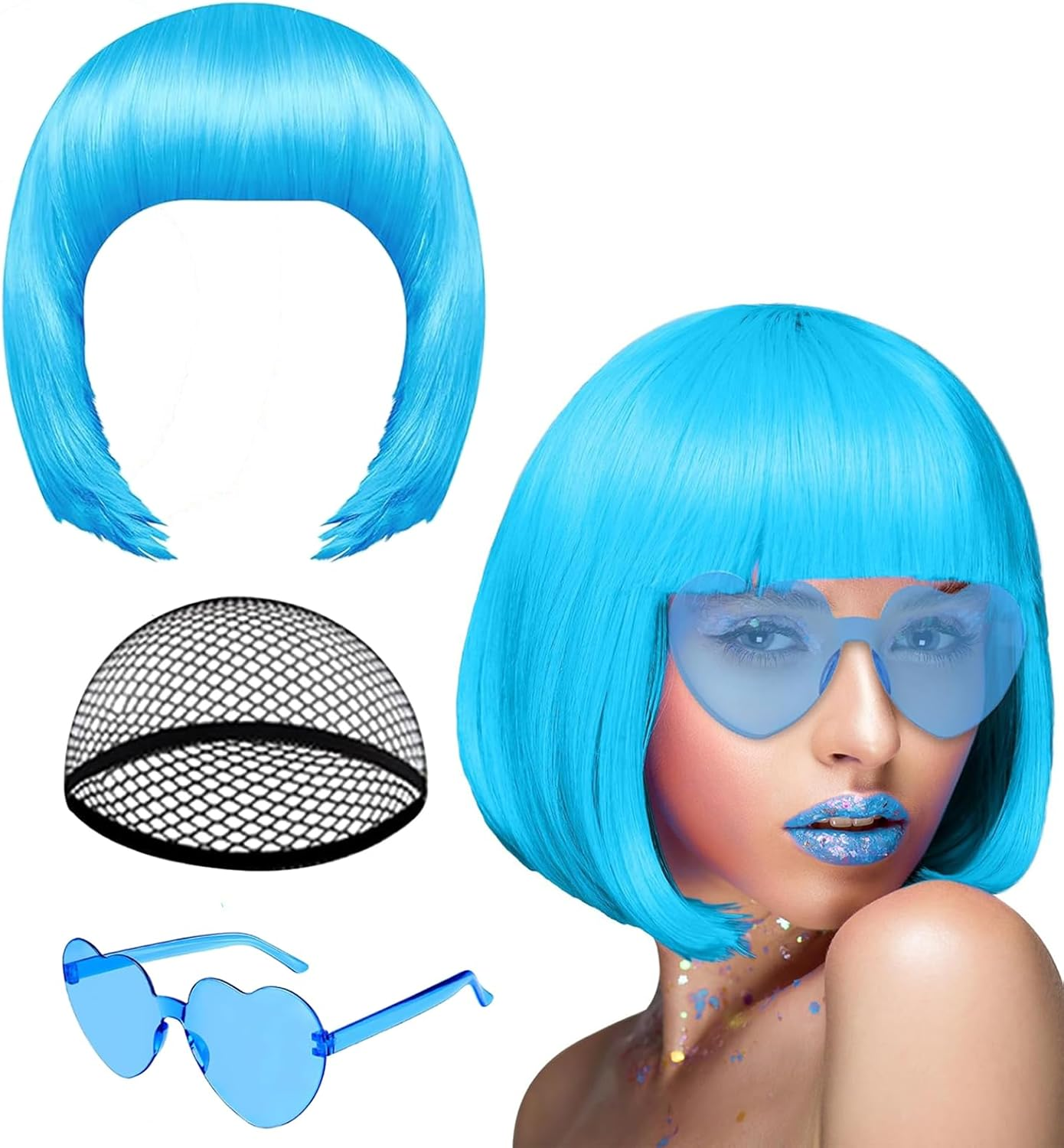 Neon Sky Blue Short Bob Wig with Sunglasses Set, Y2K Colorful Cosplay Costume Hairpiece for Women，Halloween Decorations image number 1