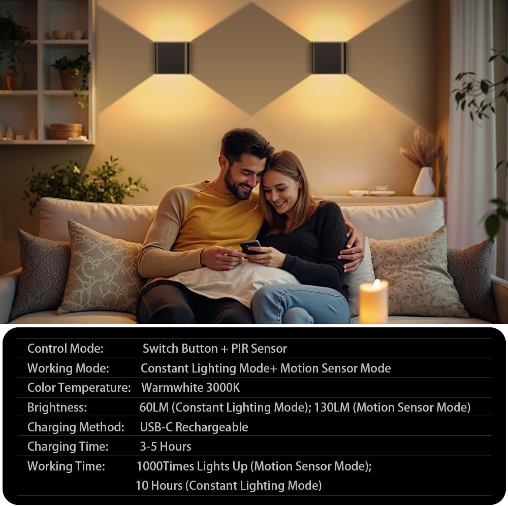 Ainostone Battery Wall Lights with Motion Sensor, Pack of 2, LED Wall Lights with Motion Sensor, Warm White, 2 Modes, USB-C Rechargeable, Adjustable Light Angle for Indoor, Hallway, Stairs, Bedroom image number 5
