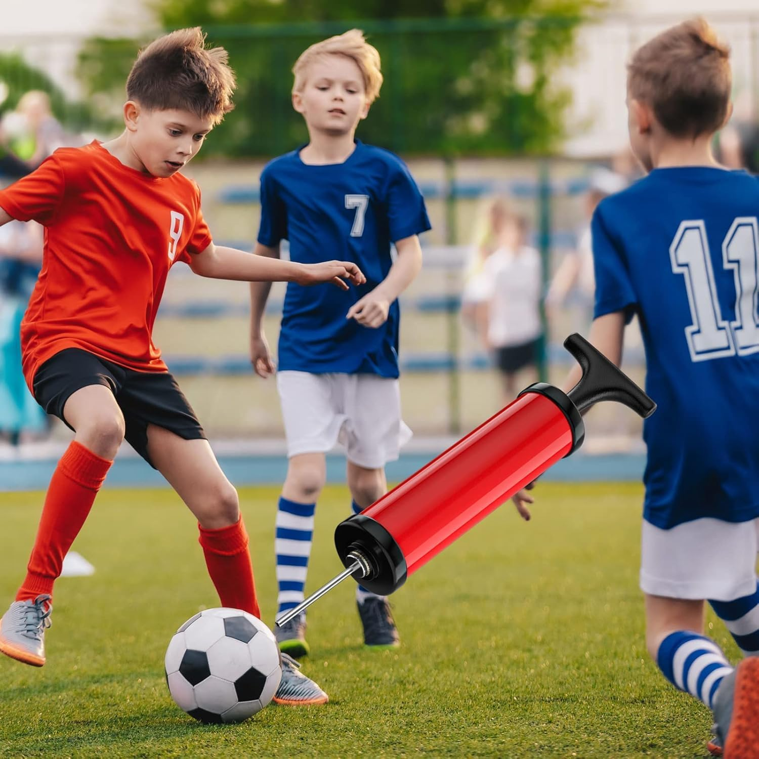 Mumoo Bear Ball Pump, Sports Ball Pump with 5 Needles, Nozzle, Extension Hose, Push & Pull Inflator System, Perfect for Volleyball, Basketball, Football, Soccer, Water Polo, Swim Inflatables-Red