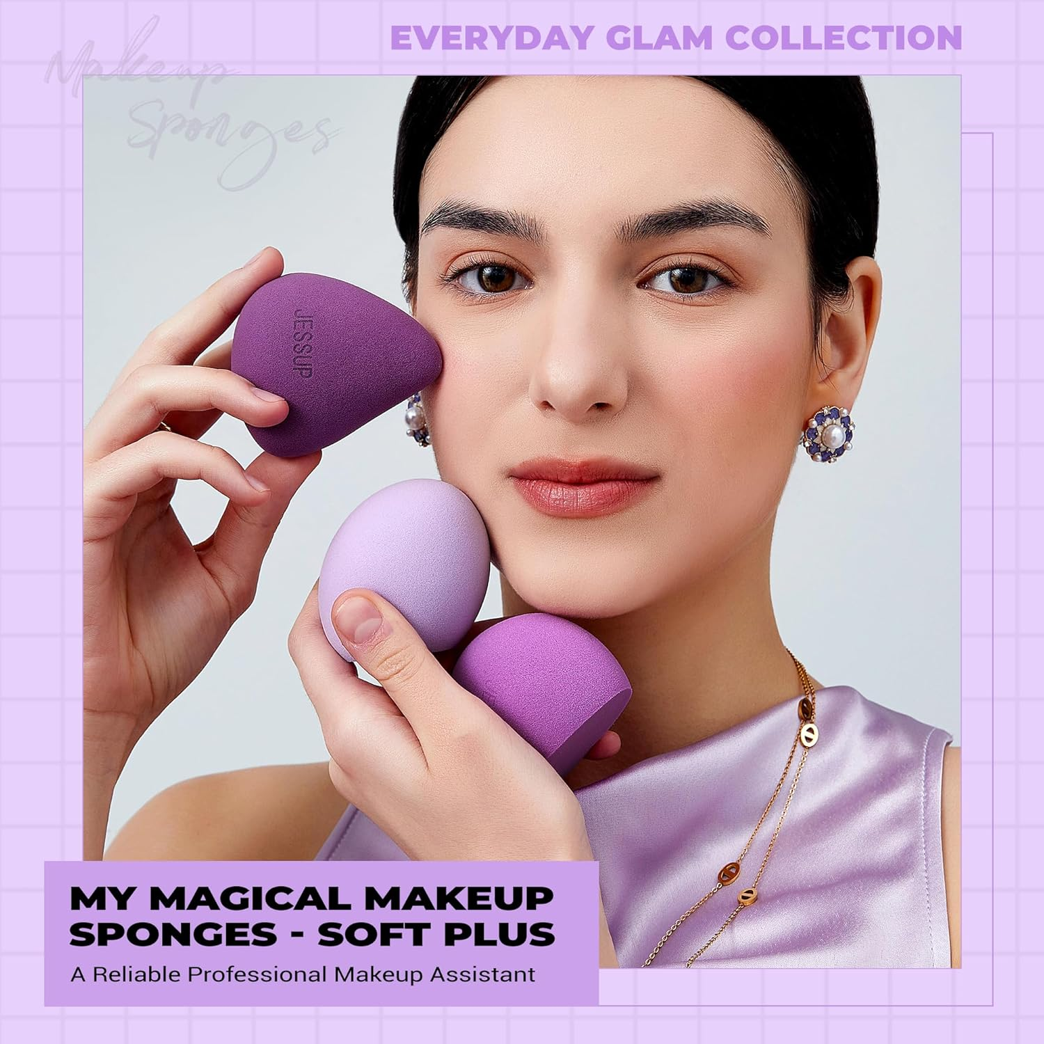 Jessup Makeup Sponge Set, 3Pcs Make up Sponges for Face Foundation Concealer Contour and Blusher, Purple SP017 image number 6