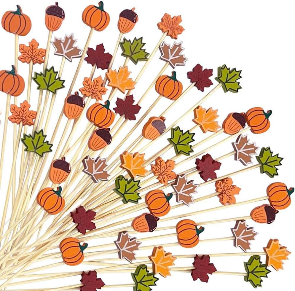 100 Pcs Fall Cocktail Picks - Pumpkin, Maple Leaf & Hazelnut Bamboo Toothpicks for Appetizers, Drinks, Charcuterie, Halloween & Thanksgiving Party Food Decorations image number 5
