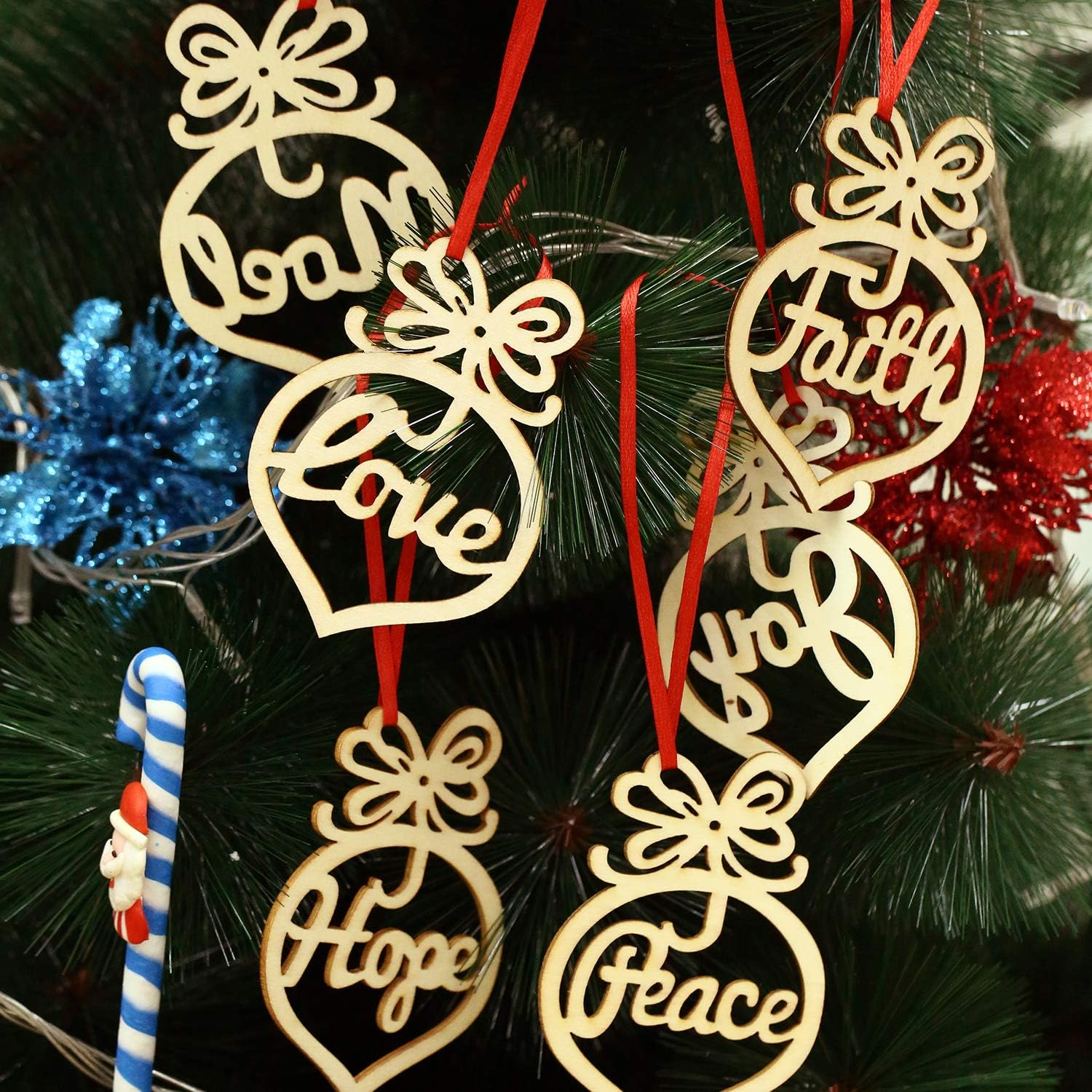 Boao 72 Pieces Christmas Wooden Hollow Hanging Ornaments Christmas Tree Hanging Tags with Red Ribbons for Xmas Decorations image number 1