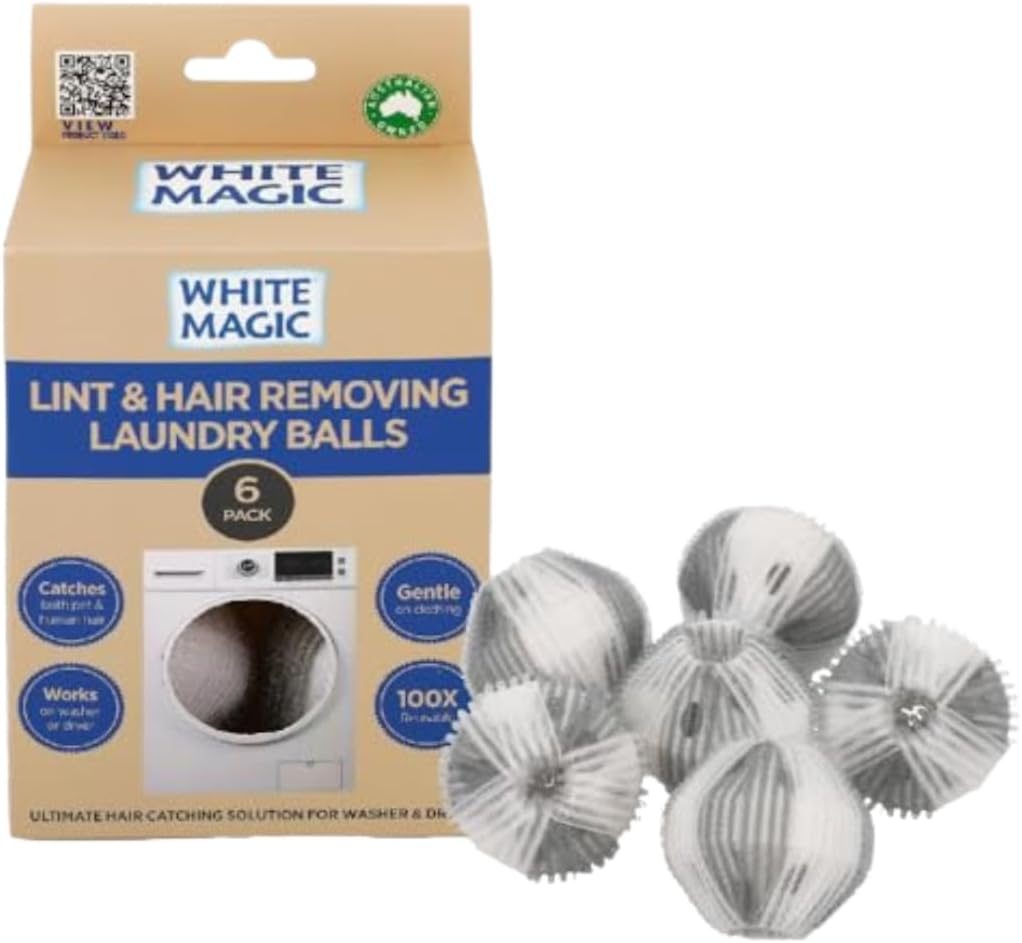 White Magic Lint & Hair Removing Laundry Balls - 6 Pack, Reusable, Washing & Drying Safe, Removes Pet Hair & Lint, Gentle on Clothes, Prevent Hair Clogging, Reduces Drying Time image number 1