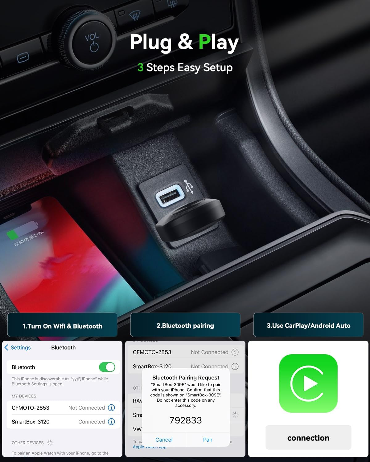 Wireless Carplay Adapter, 2 in 1 Wired Carplay/Android Auto to Wireless Dongle for Iphone & Android, USB A/C Mini Design Fast Stable Connect, Fit 98%+ Cars with Factory Wired Carplay image number 2