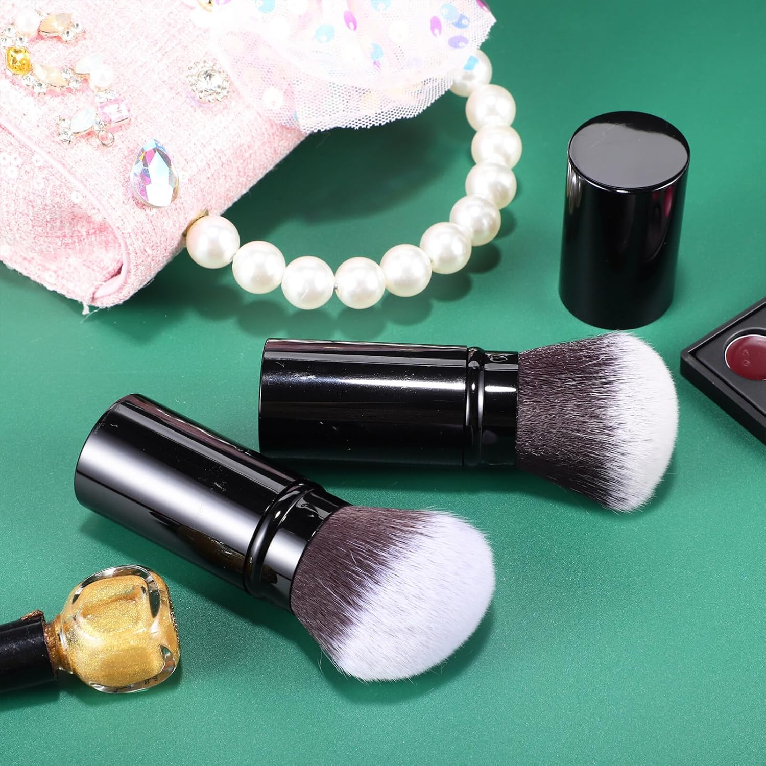 Ipetboom Retractable Cosmetics Brush Retractable Makeup 2Pcs Blush Set Portable Face Powder Mini Foundation Brush with Flat and Angled Top for Cream Cosmetics Travel image number 6